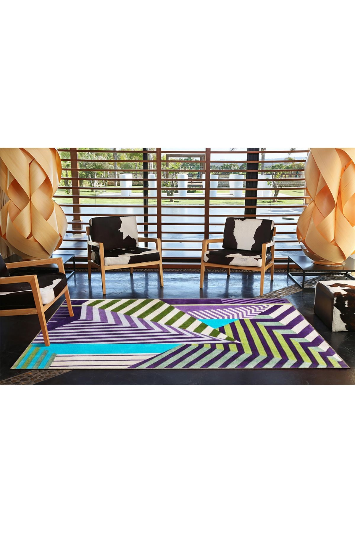 Mor Yeşil Temalı Şerit Geometrik Desenli Kreatif Modern Dekoratif Halı 3499