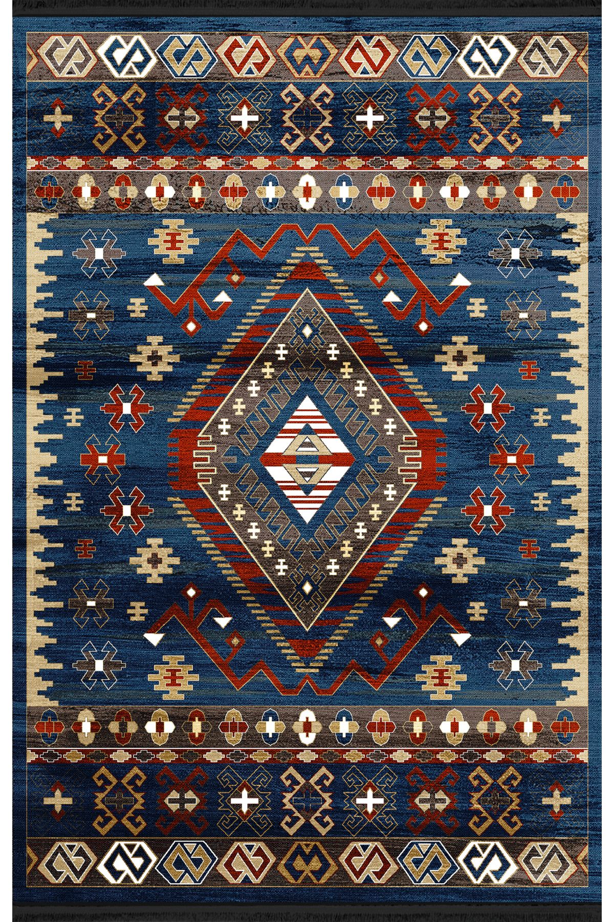 Mira Lacivert Temalı Geleneksel Motif Etnik Desenli Vintage Dekoratif Halı Mira 1584