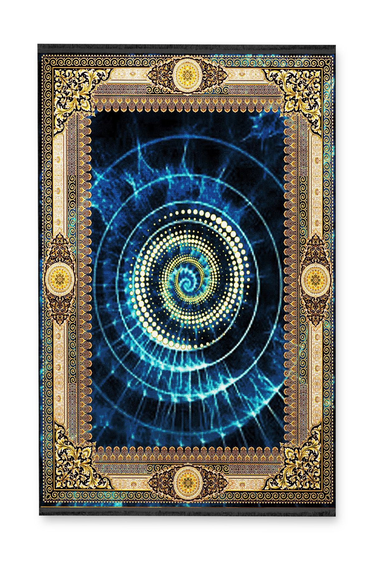 Sarı Bordür Detaylı Lacivert Şekilli Antik Tasarım Serisi Dekoratif Halı antik167