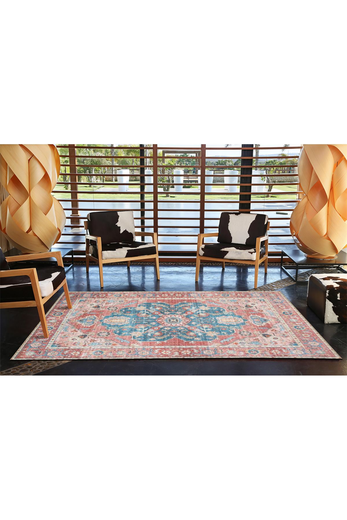 Mavi Kırmızı Temalı Geleneksel Motif Etnik Desenli Vintage Dekoratif Halı 4784