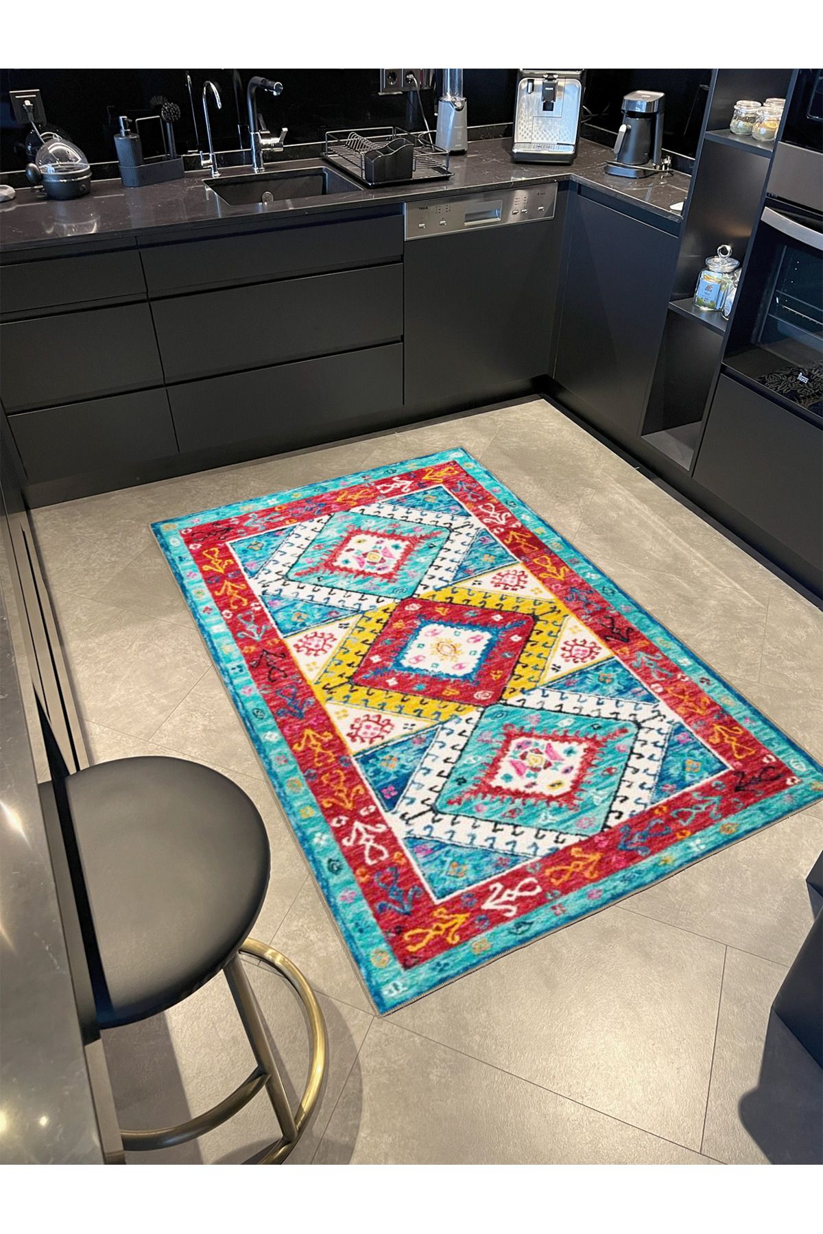 Sarı Mavi Kırmızı Geometrik Desenli Dokuma Taban Halı 4259