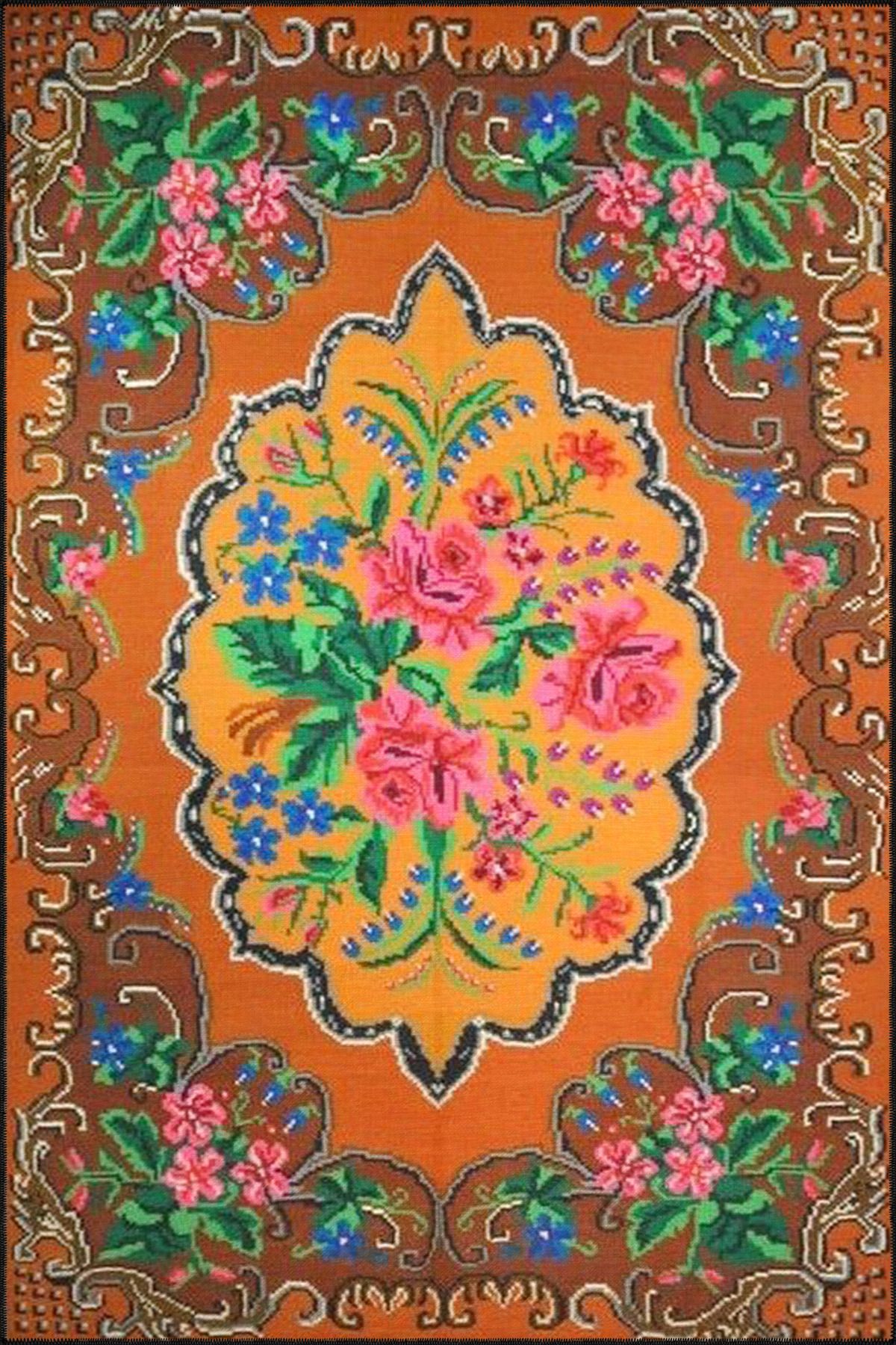 Turuncu Arkaplan Renkli Çiçek Desenli Dekoratif Halı miravip146