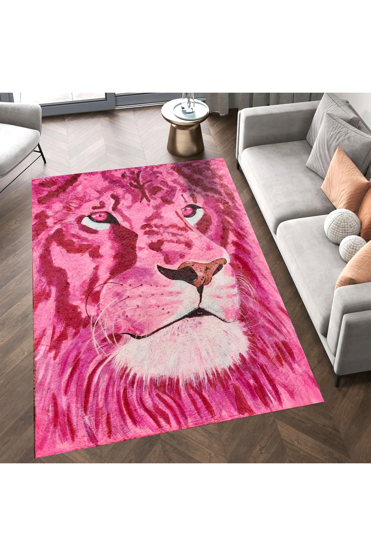 Kuzey Koleksiyonu Pembe Aslan Desenli Dokuma Taban Dekoratif Halı kuzey17