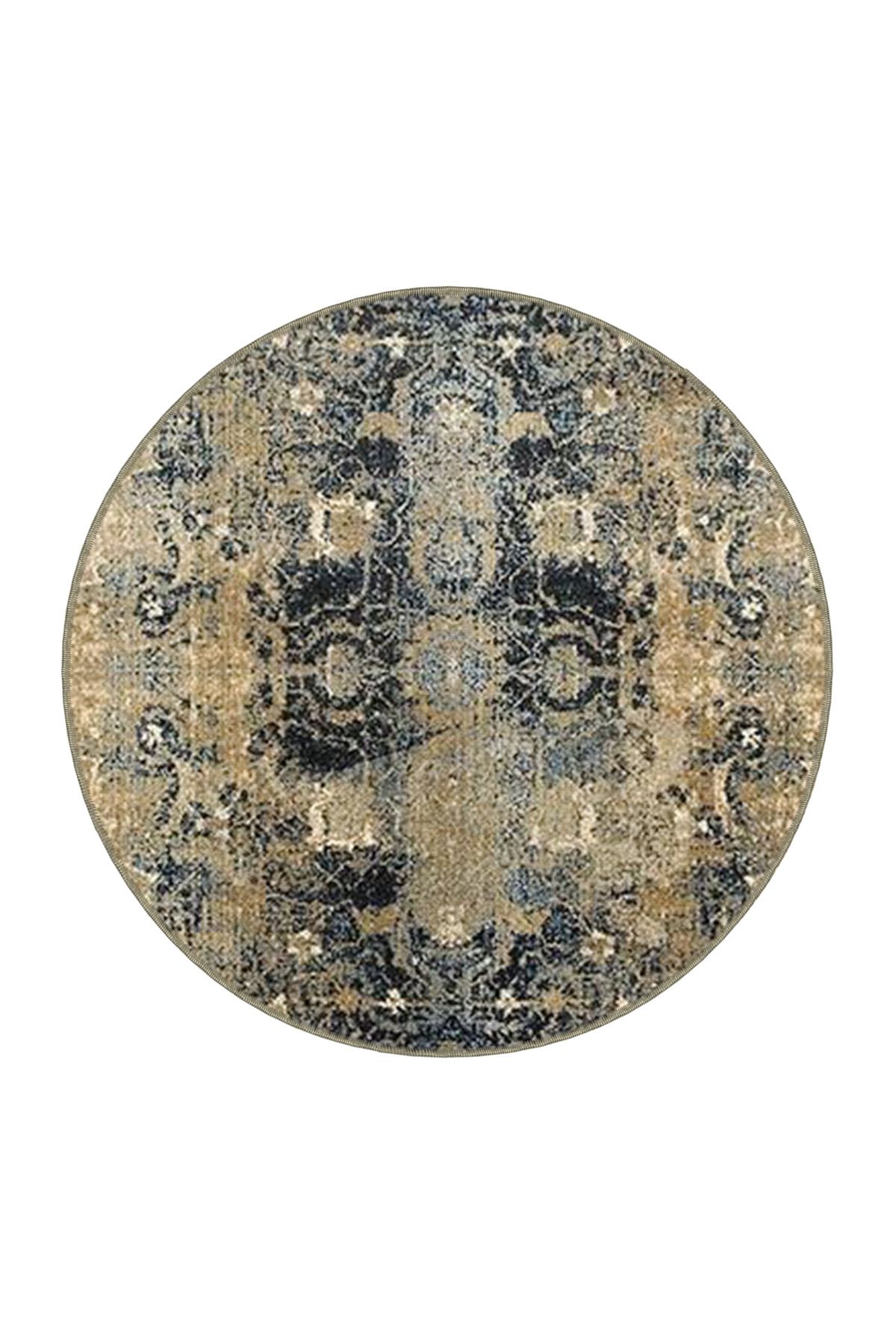 Lacivert Bej Temalı Geleneksel Motif Desenli Vintage Dekoratif Halı 4509