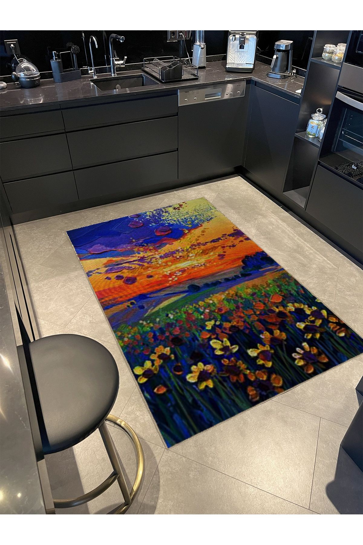 Pastel Renkler Soyut Çayır ve Güneş Manzarası Desenli Kreatif Modern Dekoratif Halı 5384