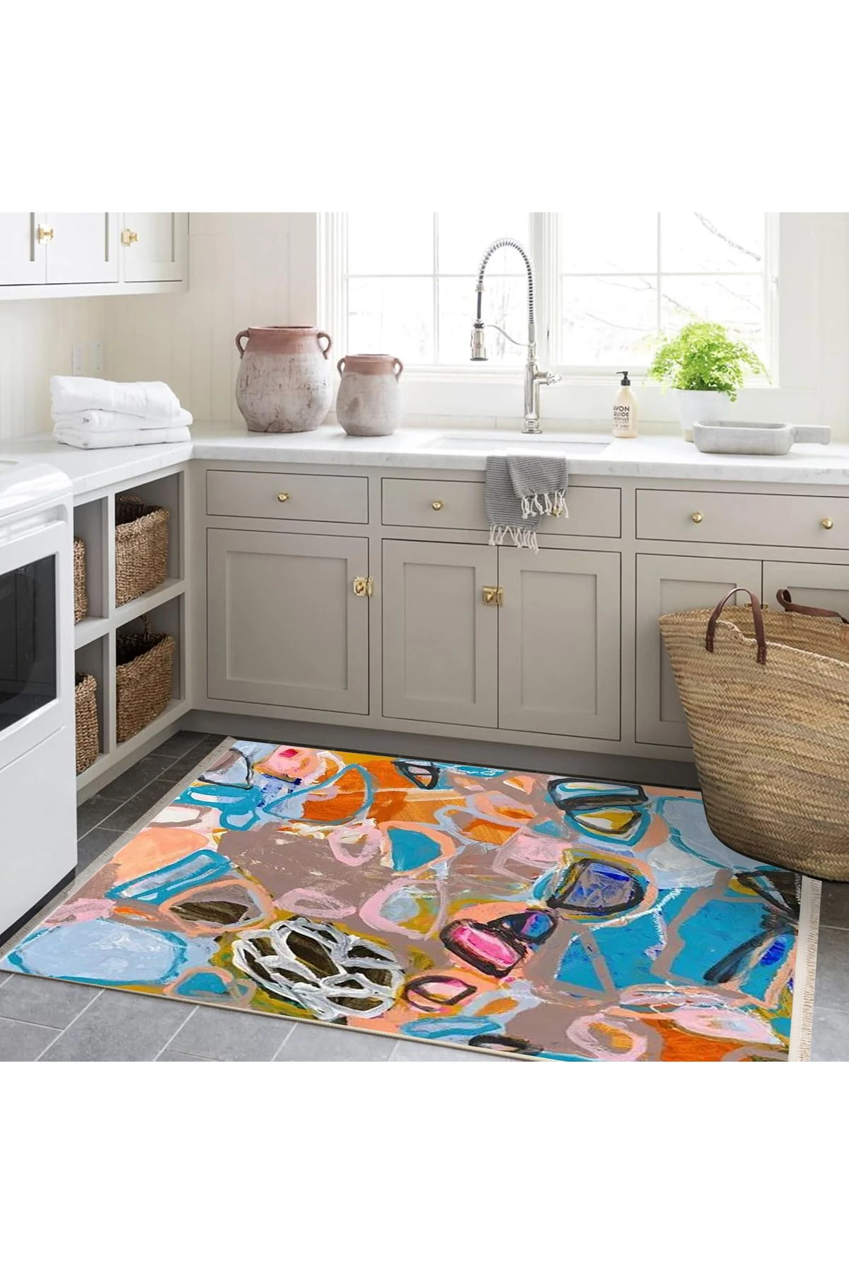 Özge Koleksiyonu Yağlı Boya Görünümlü Çok Renkli Soyut Desenli Dokuma Taban Dekoratif Halı özge23