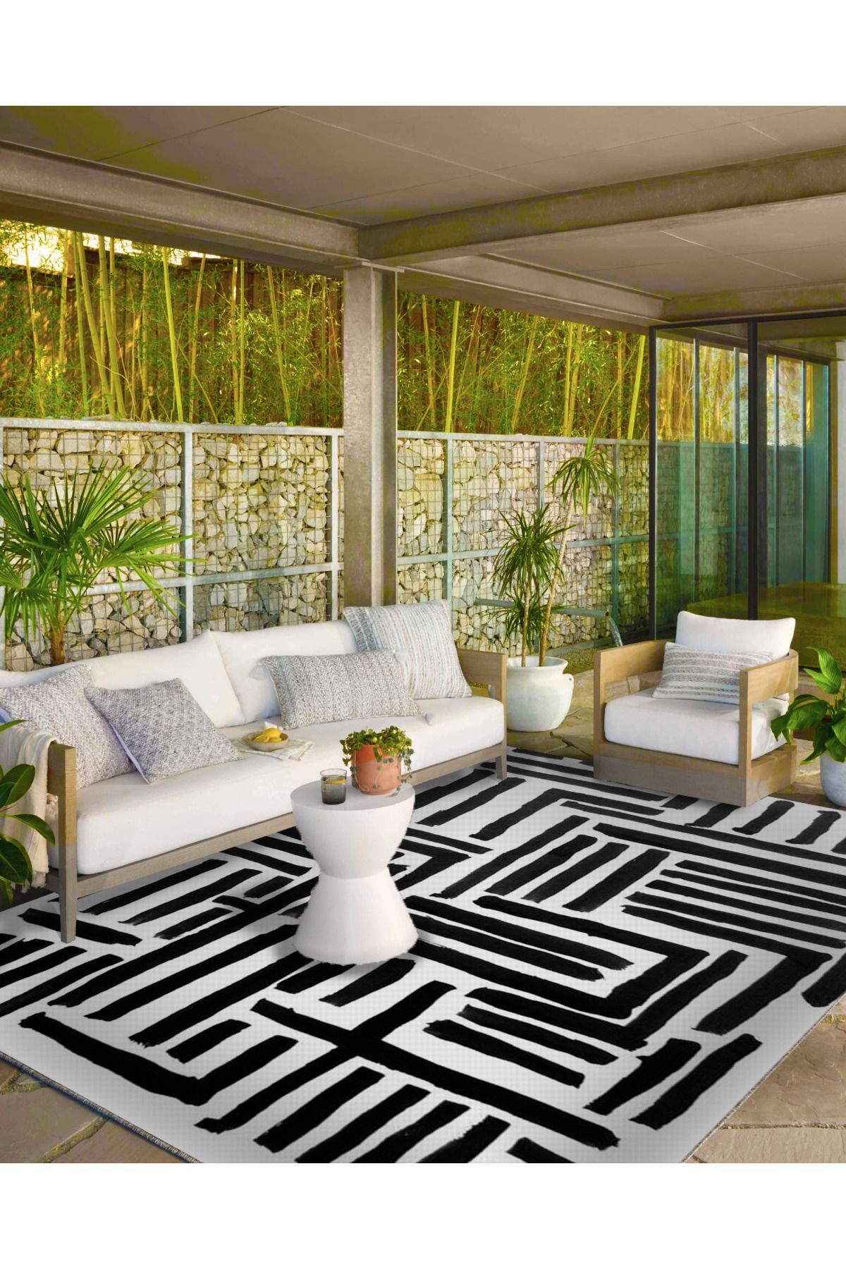 Siyah Beyaz Kalın Çizgili Temalı Dekoratif Halı ve Yıkanabilir Halı miravip9751