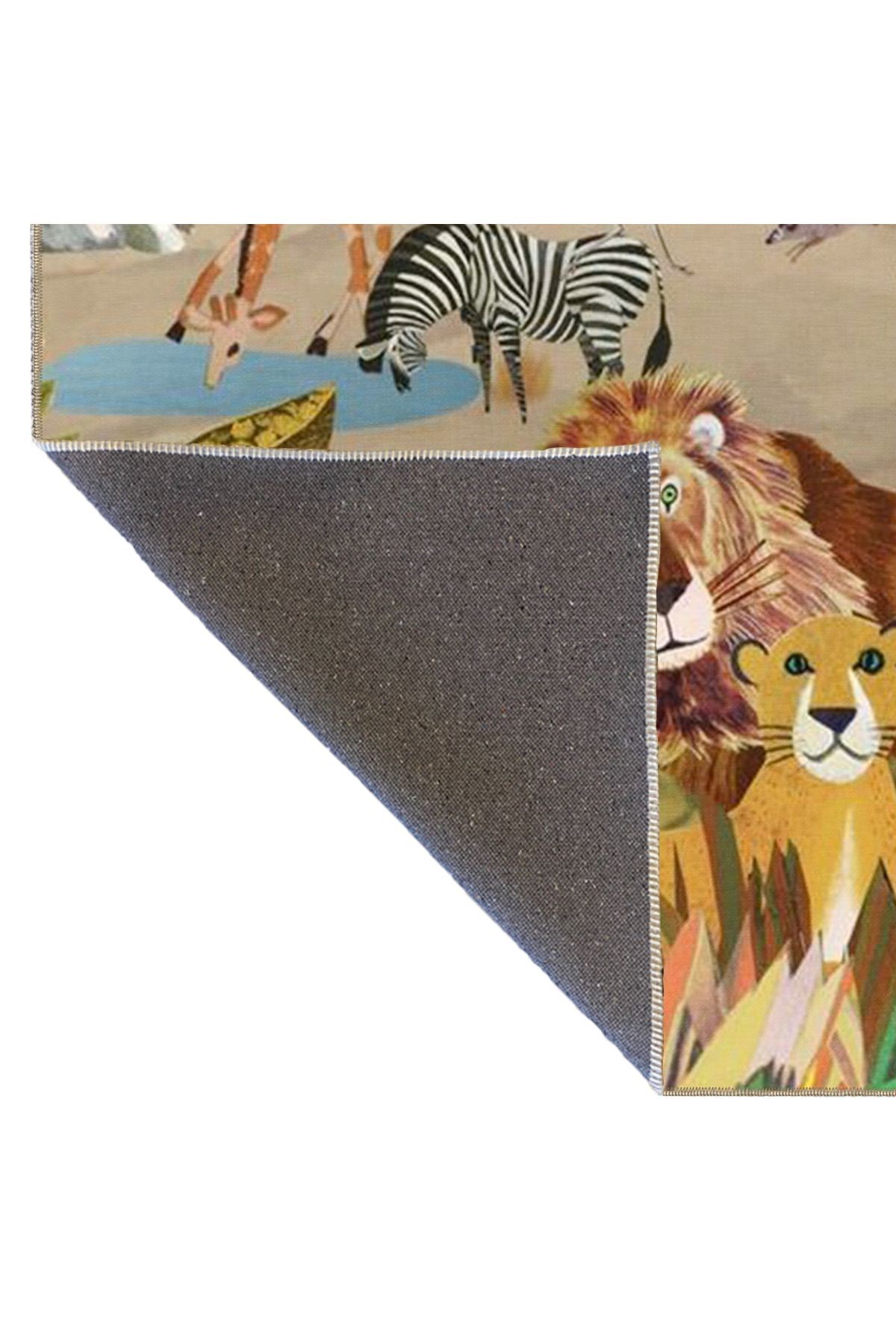 Vahşi Orman Temalı Aslan Zürafa ve Zebra Desenli Modern Dekoratif Halı 3552