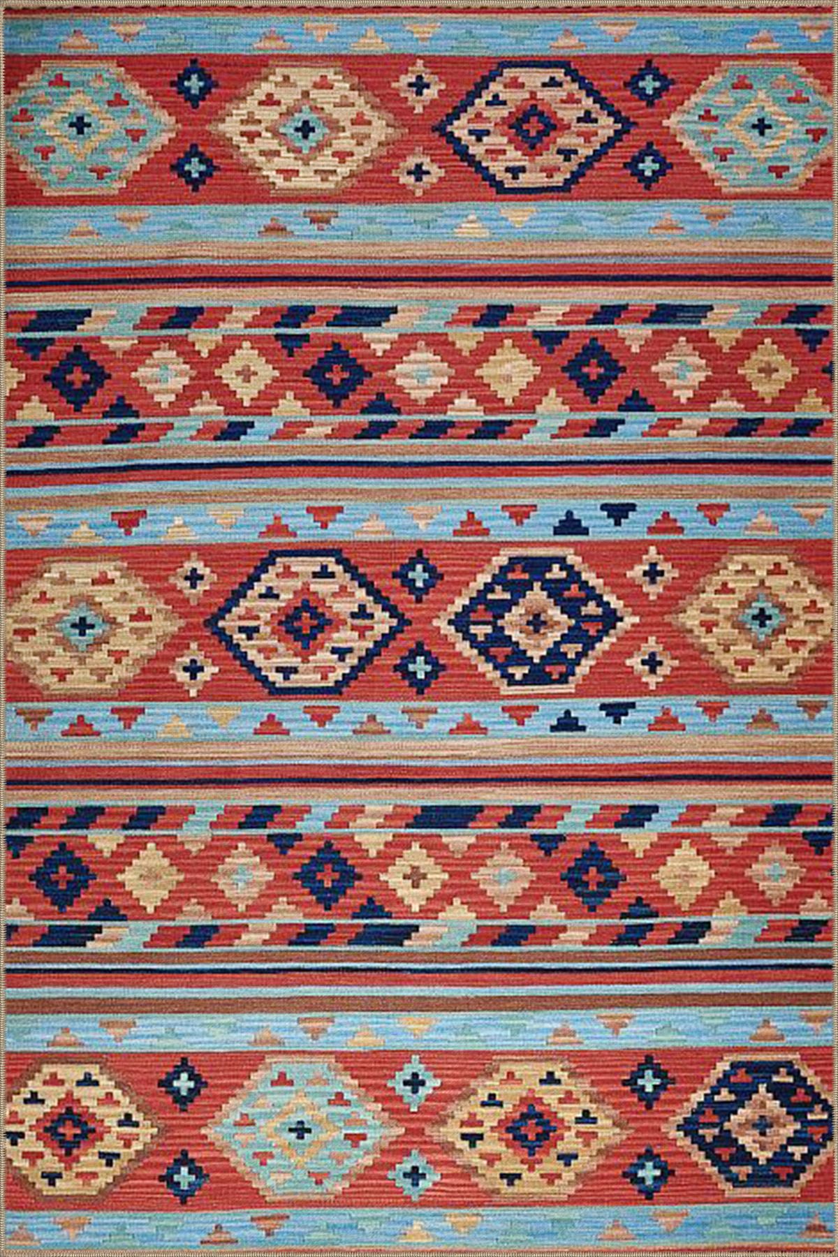 Kırmızı Renklerde Baklava ve Geometrik Desenli Modern Dekoratif Halı 4446