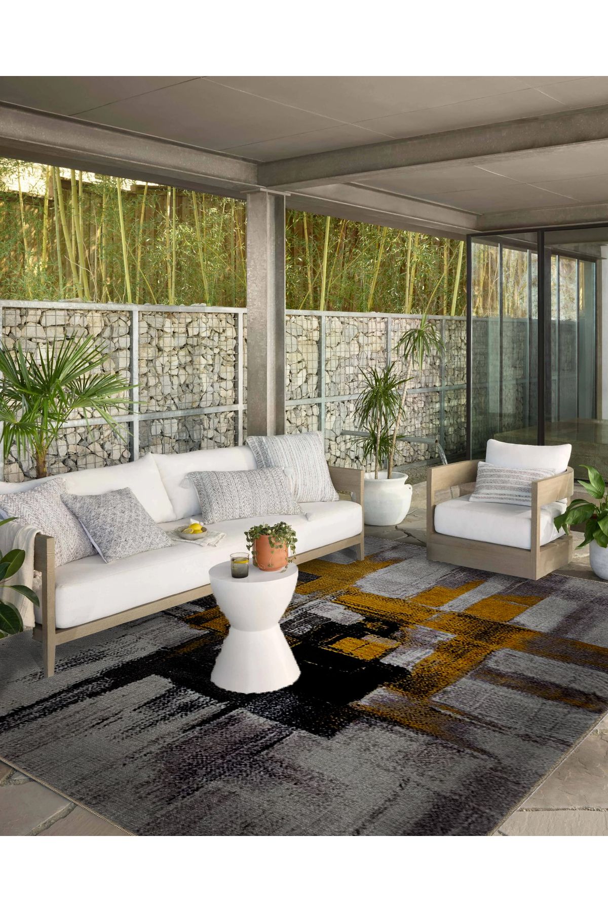 Gri Sarı Temalı Geometrik Soyut Desenli Modern Dekoratif Halı 5302