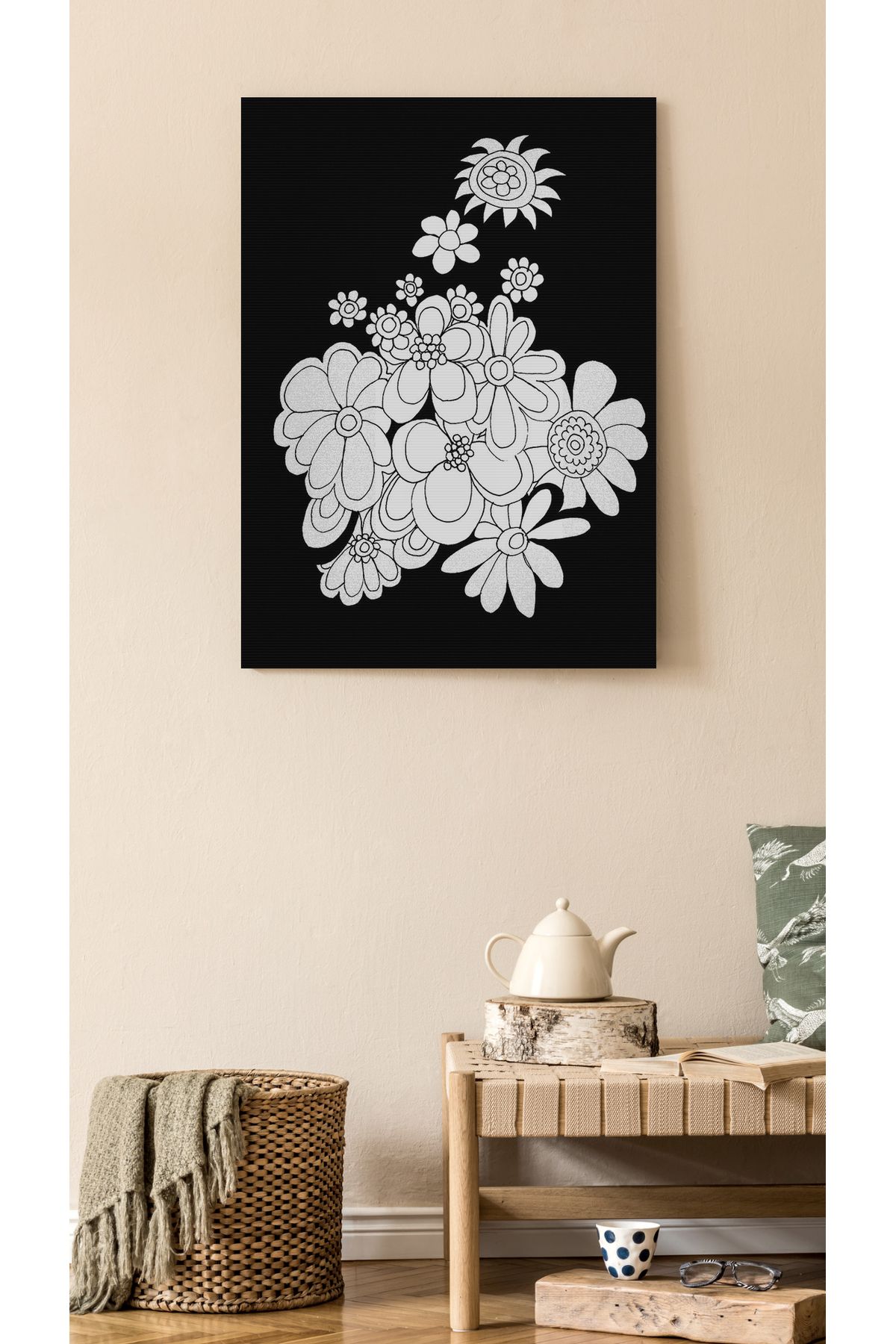 Kanvas Tablo Siyah Temalı Beyaz Çiçekli Temalı Modern Tablo