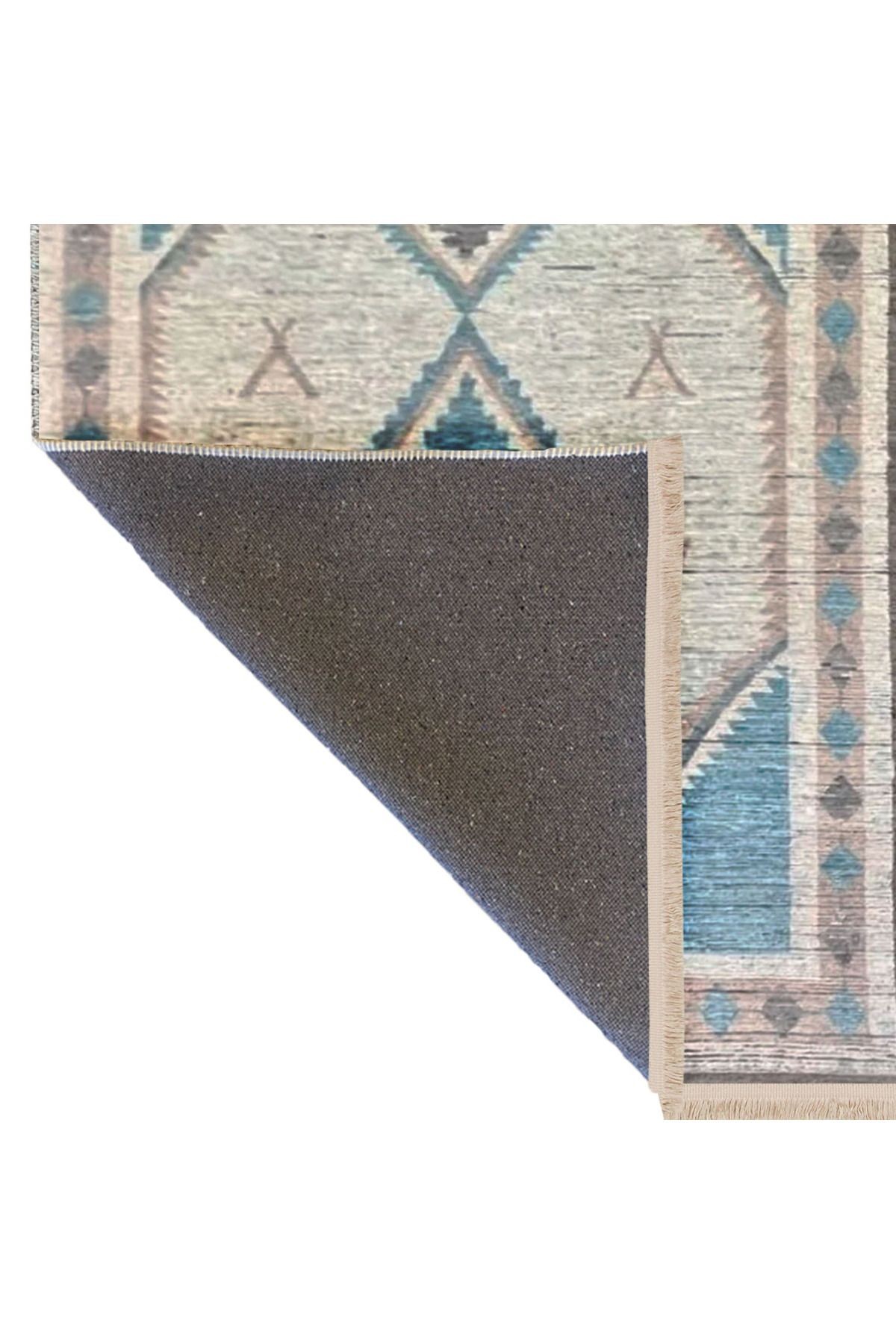 Emre Koleksiyonu Mavi Gri Ton Geleneksel Motif Desenli Dokuma Taban Vintage Dekoratif Halı 23