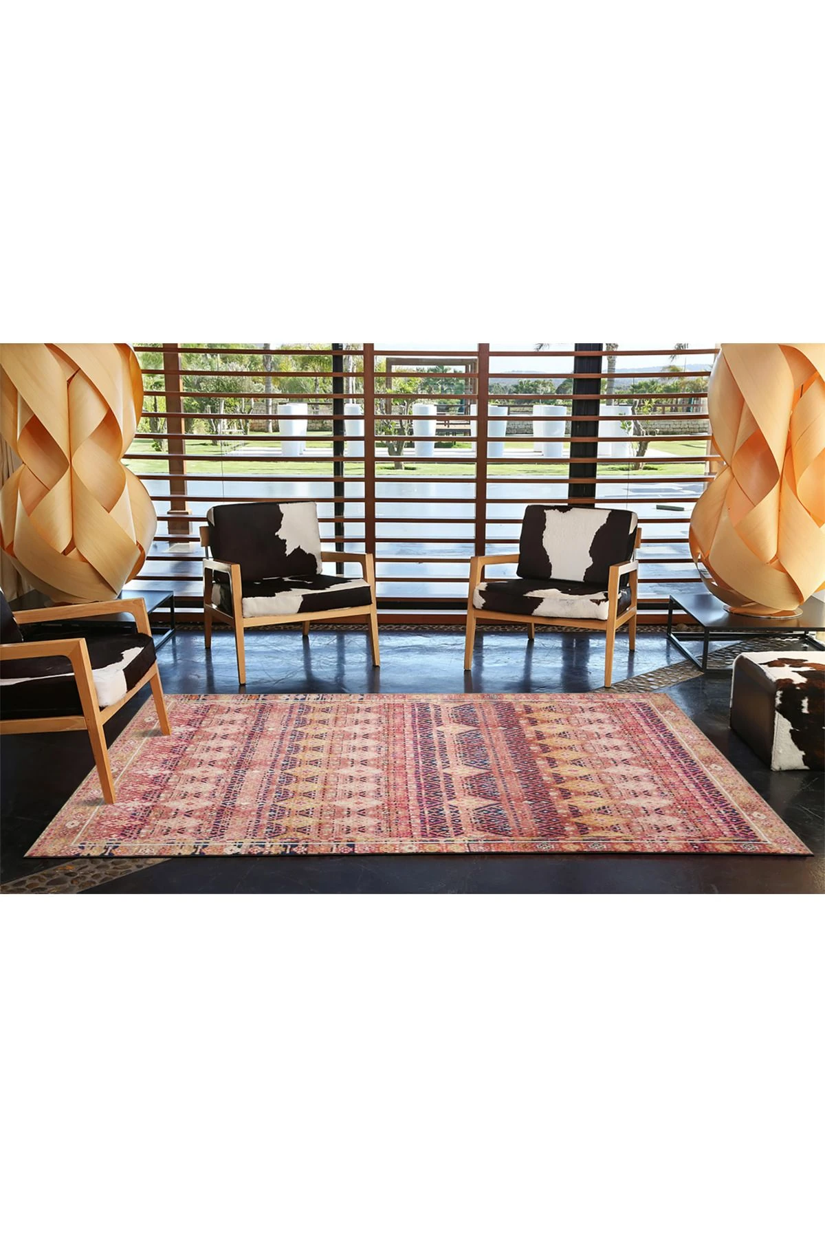 Pembe Temalı Motifli Etnik Figür Desenli Vintage Dekoratif Halı 3926