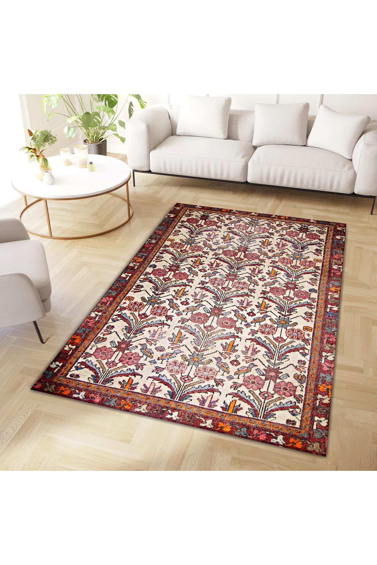 Mete Koleksiyonu Çok Renkli Etnik Çiçek Motifleri ve Geleneksel Desenli Vintage Dekoratif Halı 43