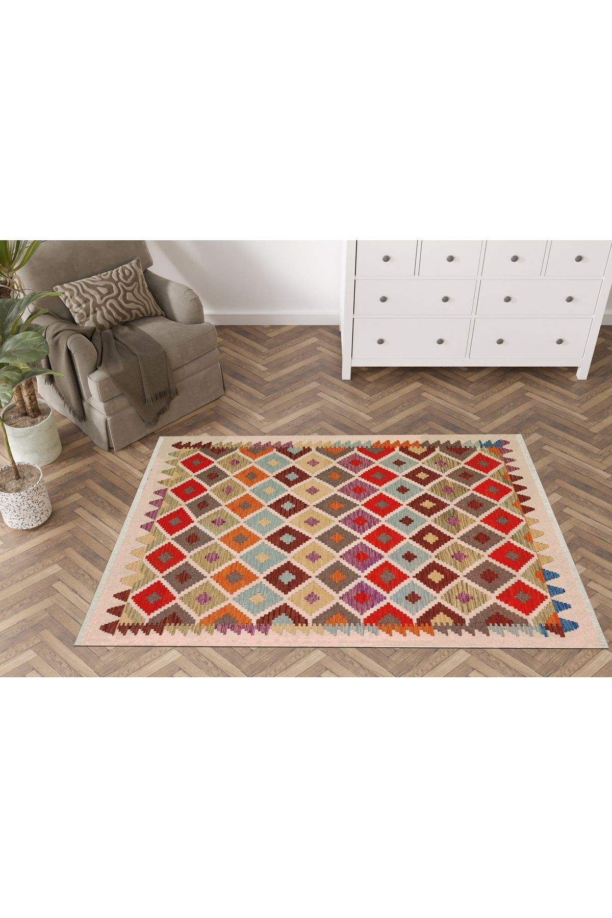 Cotton 573 Etnik Otantik Saçaklı Renkli Dokuma Taban Kilim