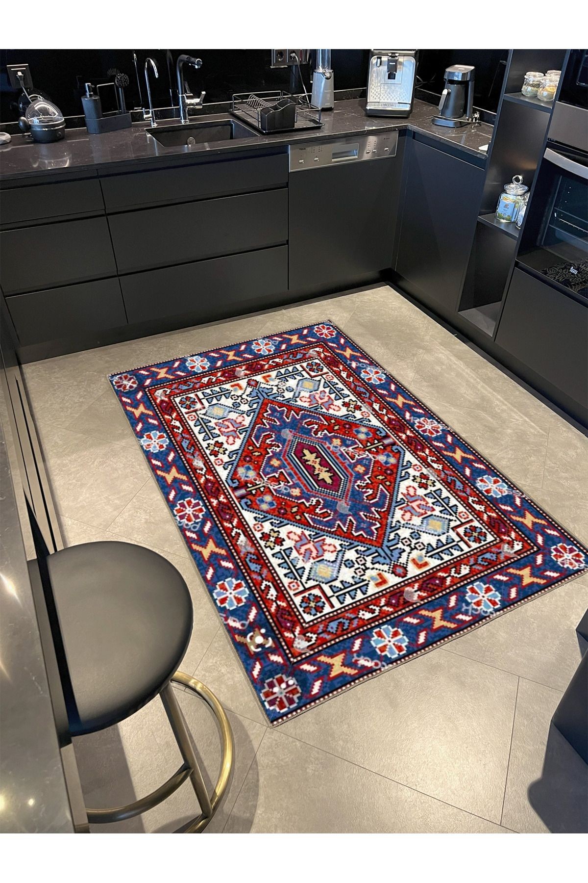 Mavi Bordo Temalı Geleneksel Motif Desenli Vintage Dekoratif Halı 3555