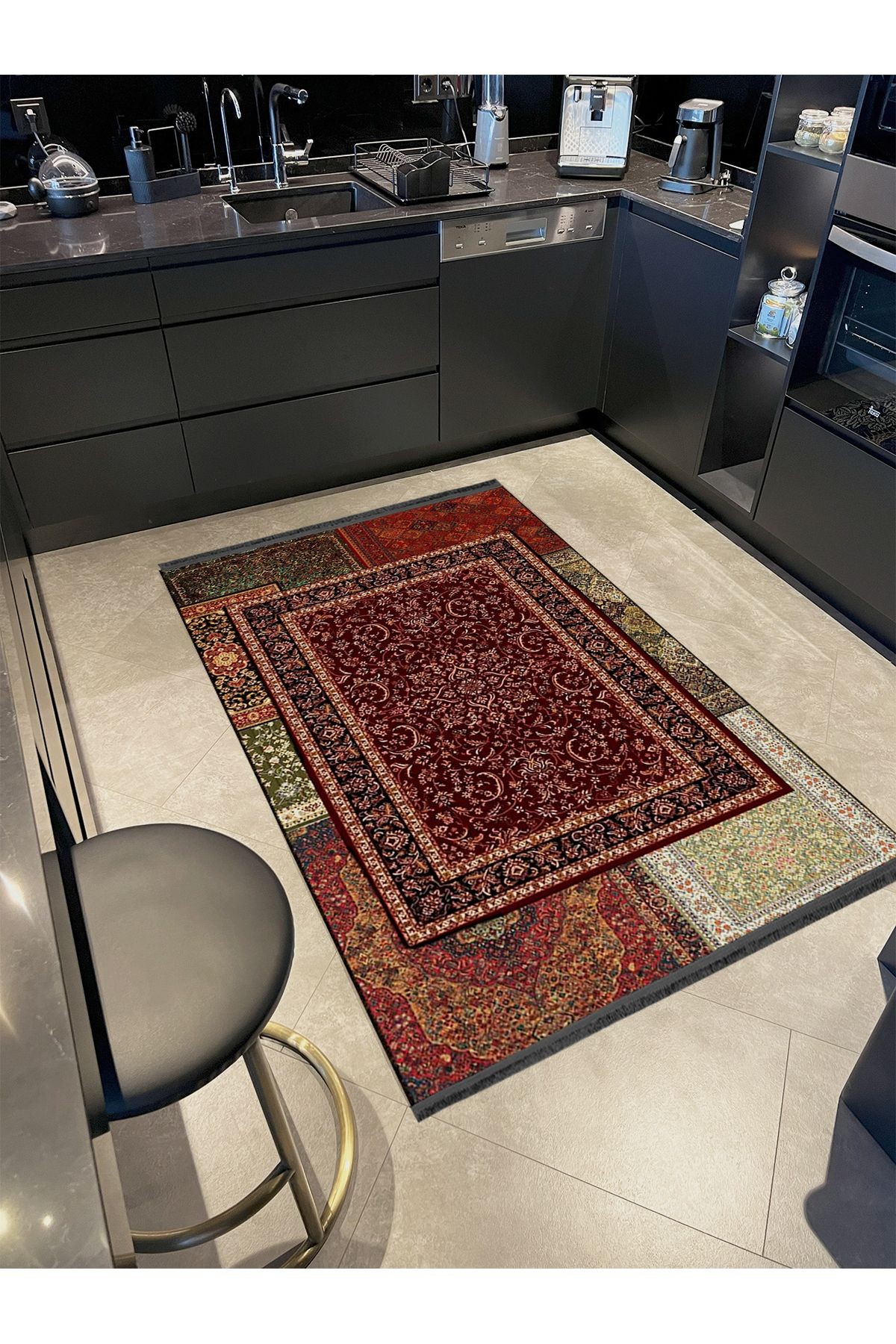 Kuvars Koleksiyonu Çok Renkli Vintage Motifler Desenli Dokuma Taban Etnik Dekoratif Halı kuvars34