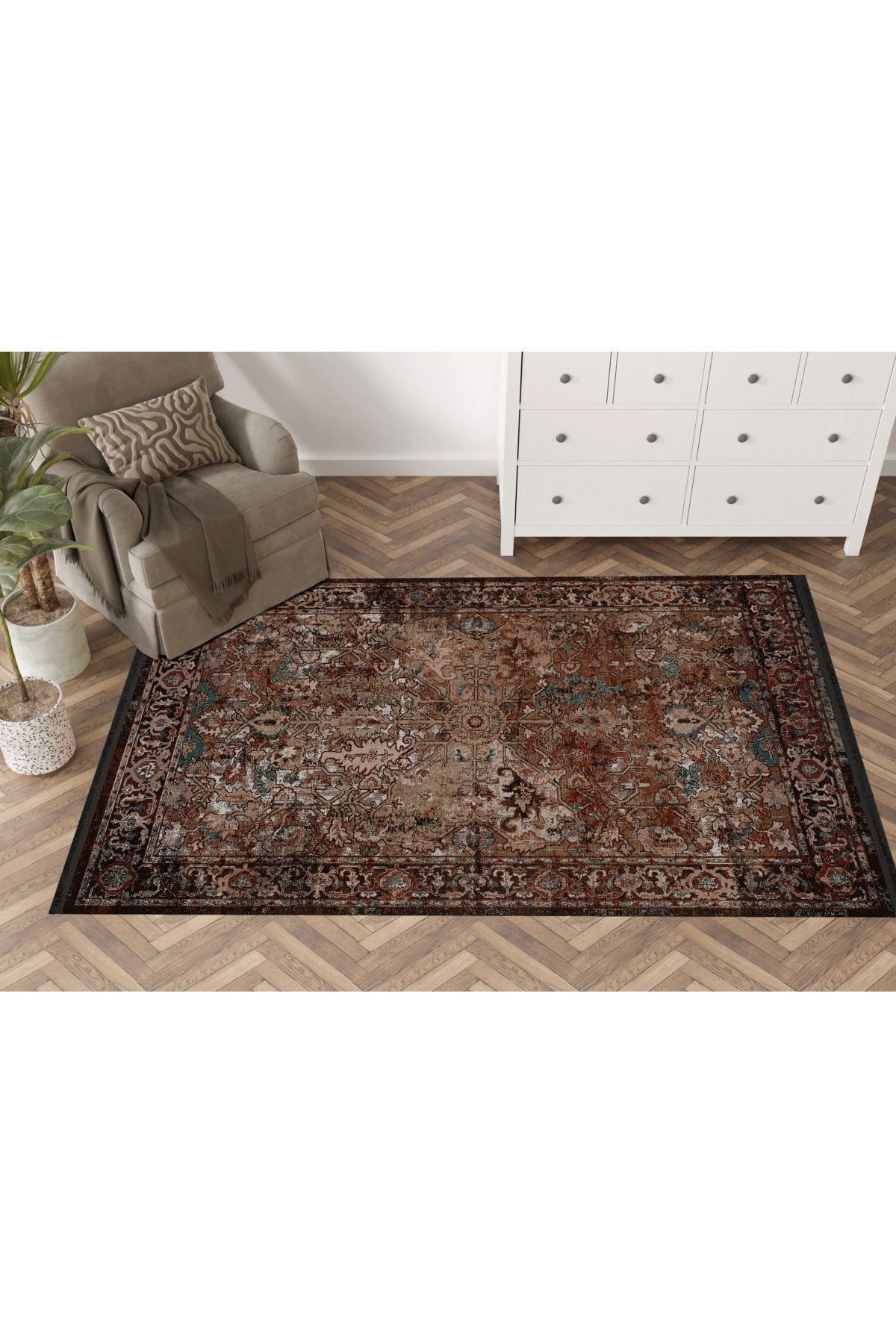 Mira Bej Ton Koyu Tema Çok Renkli Geleneksel Motif Etnik Desenli Vintage Dekoratif Halı Mira 1587