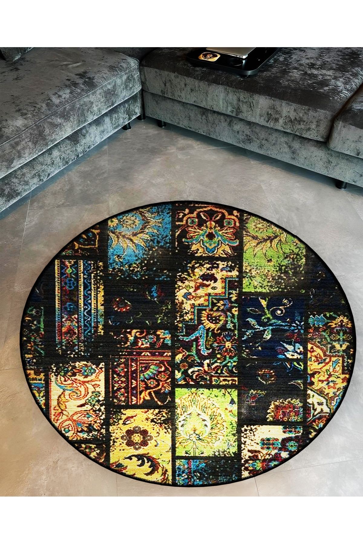 Mira Yuvarlak Çok Renkli Patchwork Detaylı Dokuma Taban Modern Dekoratif Halı 5693