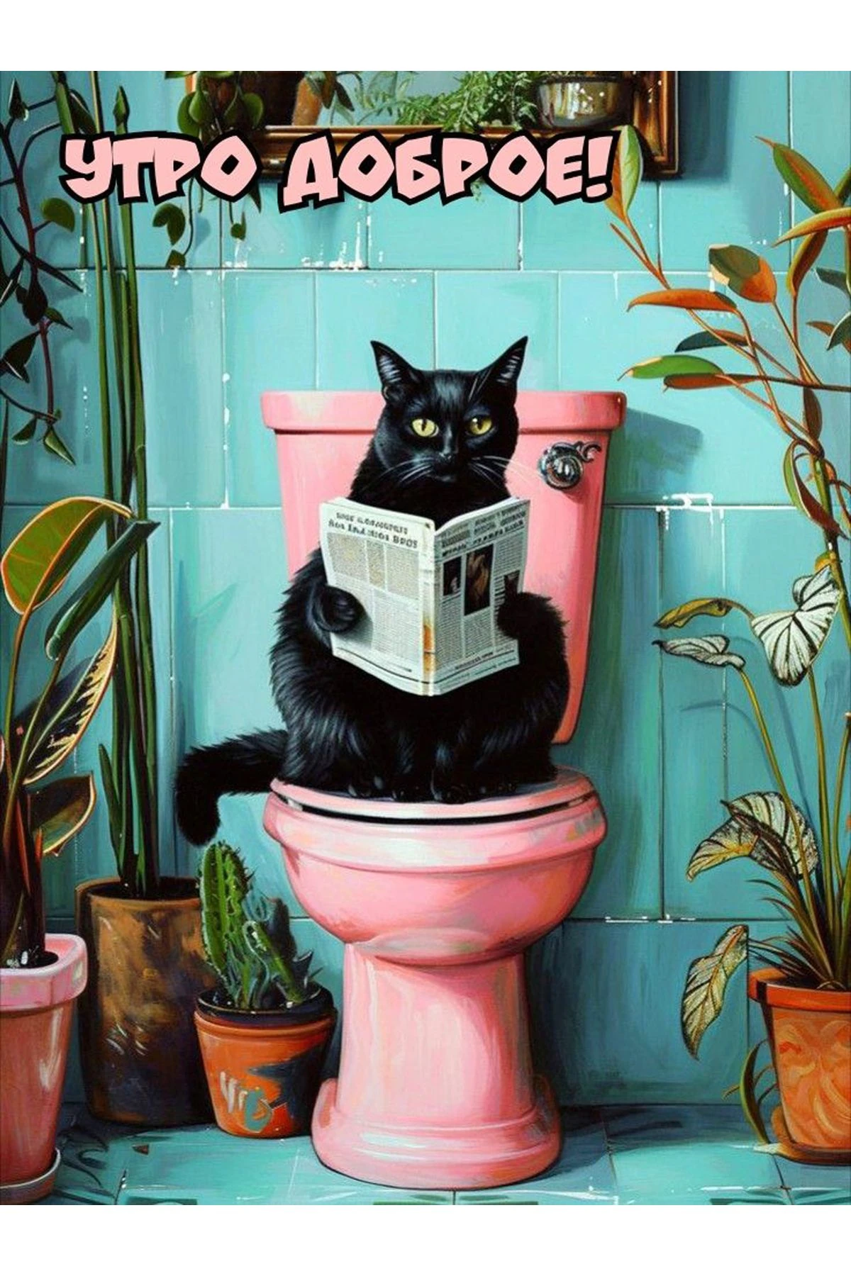 Kuzey Koleksiyonu Yazı Detaylı Renkli Banyoda Siyah Kedi Desenli Dokuma Taban Dekoratif Halı Kuzey23