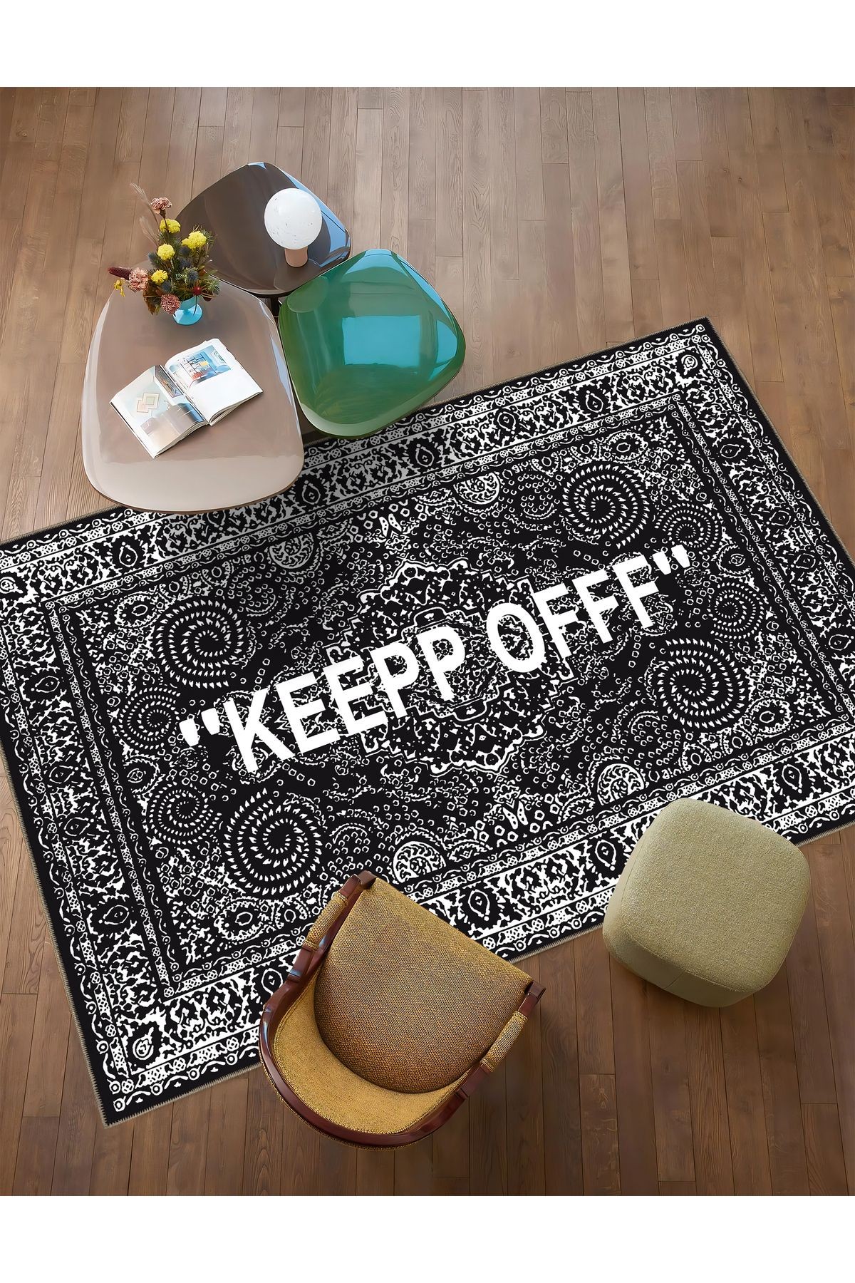Mira Siyah Keep Off Yazılı Klasik Ve Modern Halı 883