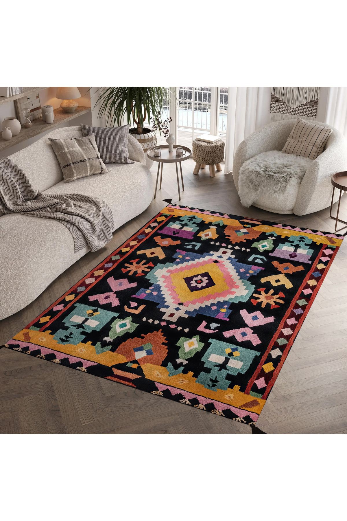 Bliss Püsküllü Etnik Çok Renkli Dokuma Taban Dekoratif Salon Halısı 918