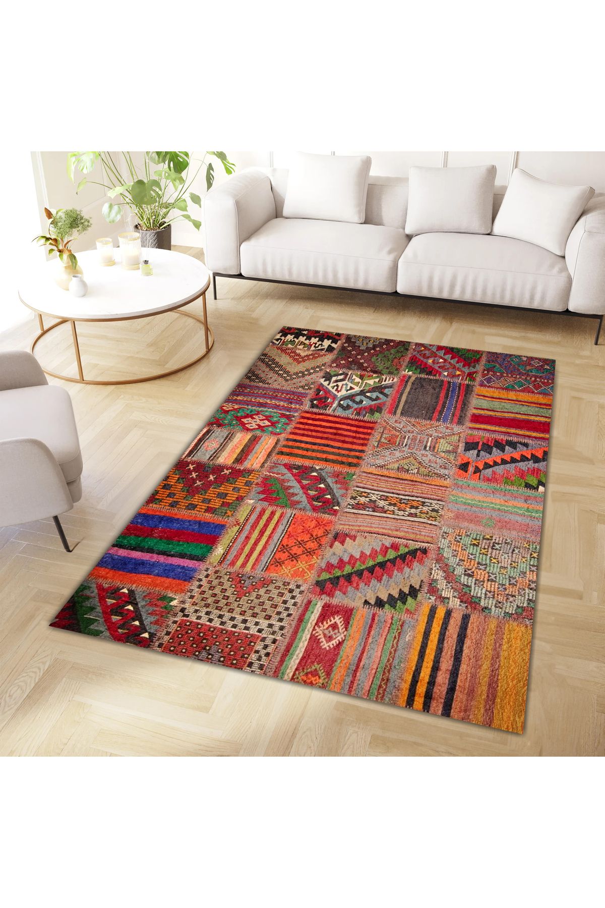 Aysu Koleksiyonu Çok Renkli Patchwork Görünümlü Dokuma Taban Modern Dekoratif Halı aysu16