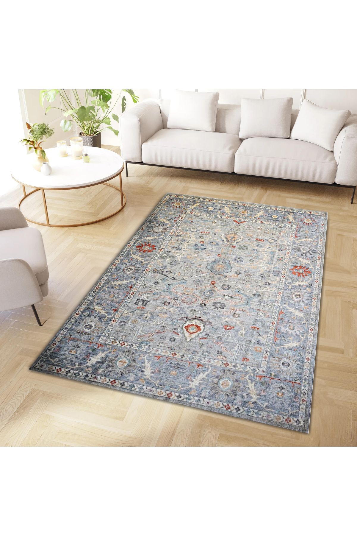 Mete Koleksiyonu Mavi Gri Tonlar Geleneksel Motif ve Çiçek Desenli Vintage Dekoratif Halı 37
