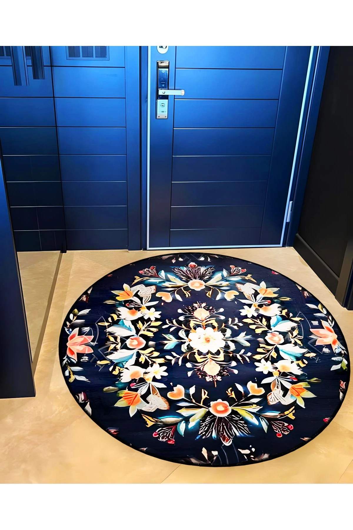 Mira Yuvarlak Siyah Zemin Üzerine Çok Renkli Çiçek Detaylı Dokuma Taban Modern Dekoratif Halı 5709