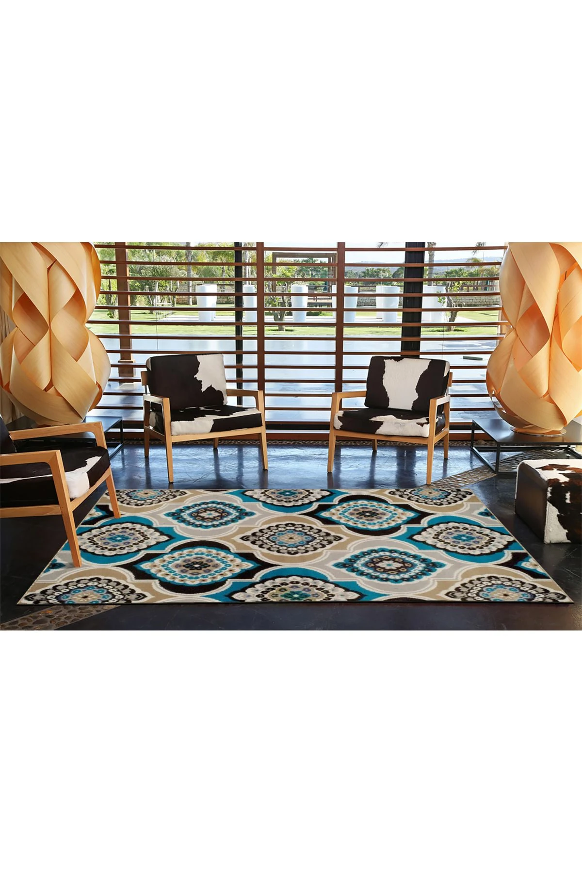 Mavi Bej Temalı Geleneksel Motif Çiçek Desenli Vintage Dekoratif Halı 4658