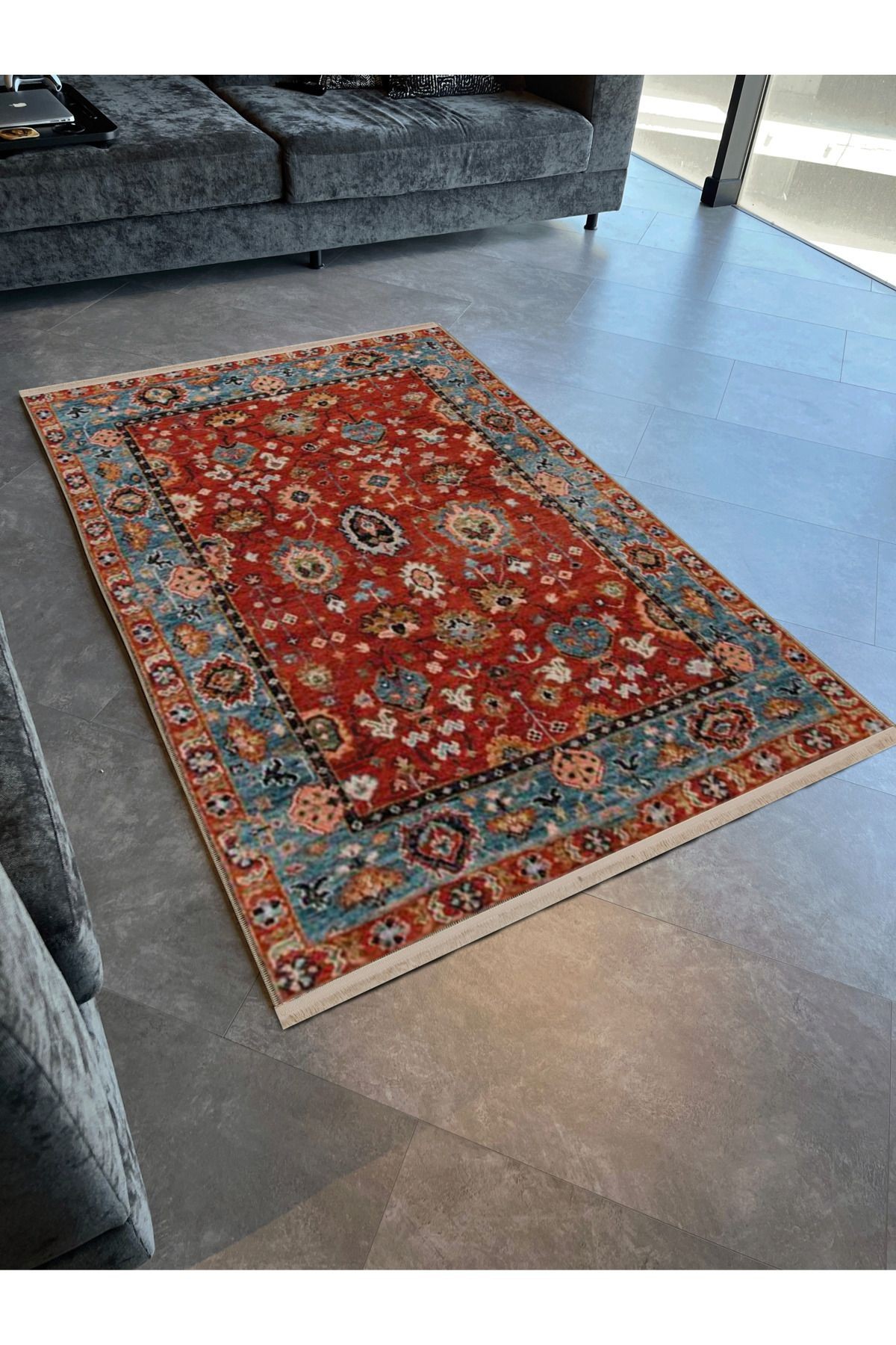 Bordo Temalı Geleneksel Motif Etnik Desenli Saçaklı Vintage Dekoratif Halı 3185