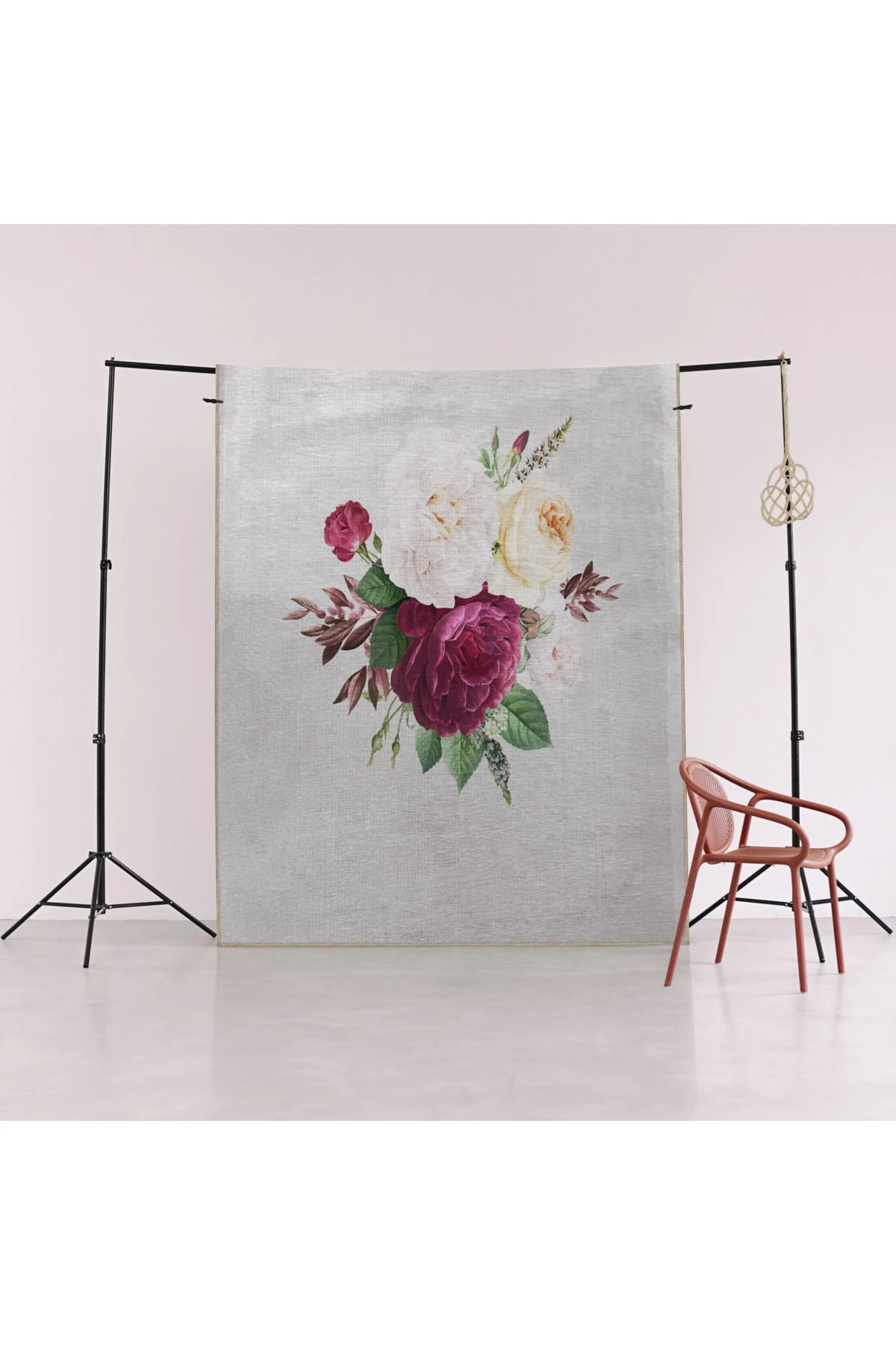 Bej Temalı Yaprak ve Mor Gül Desenli Kreatif Modern Dekoratif Halı 2859