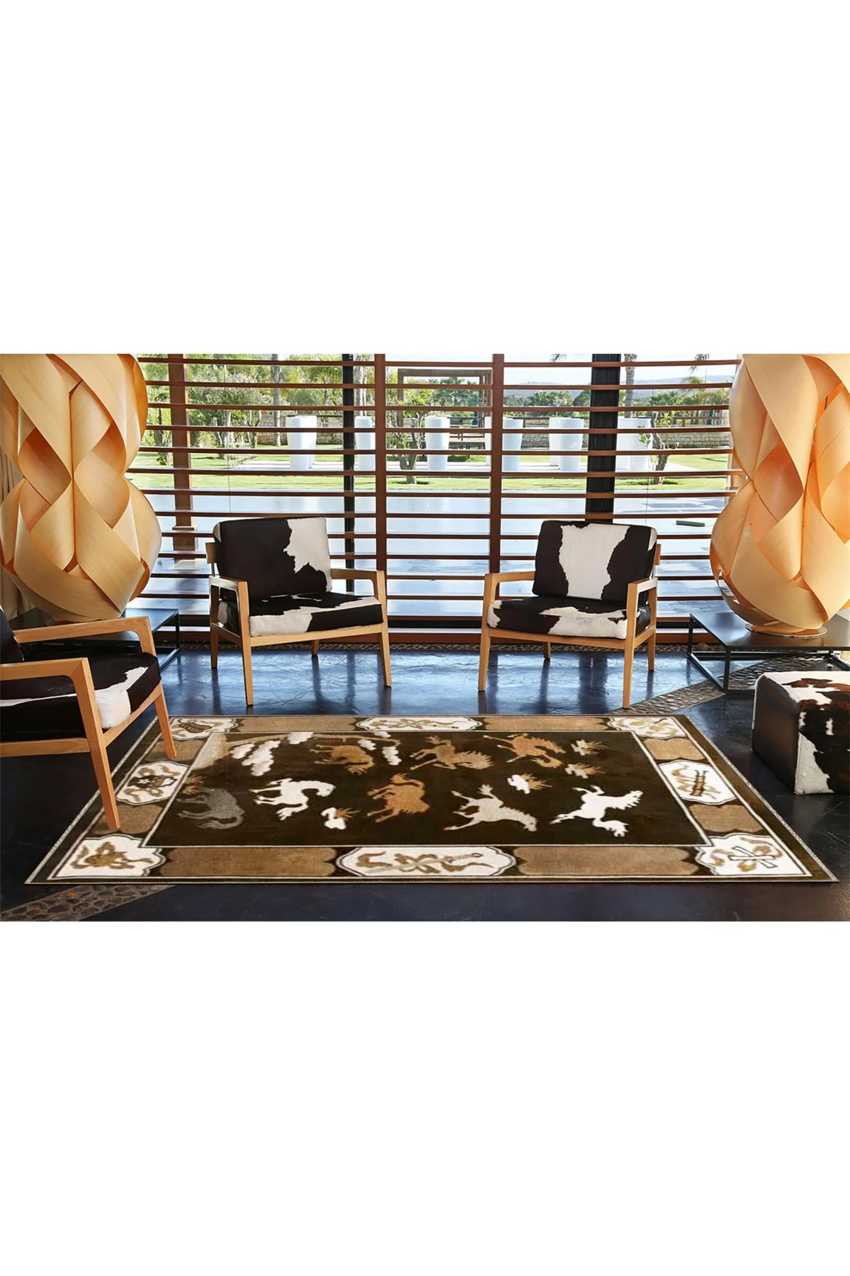 Kahverengi Temalı Asil At Desenli Vintage Dekoratif Halı 3461