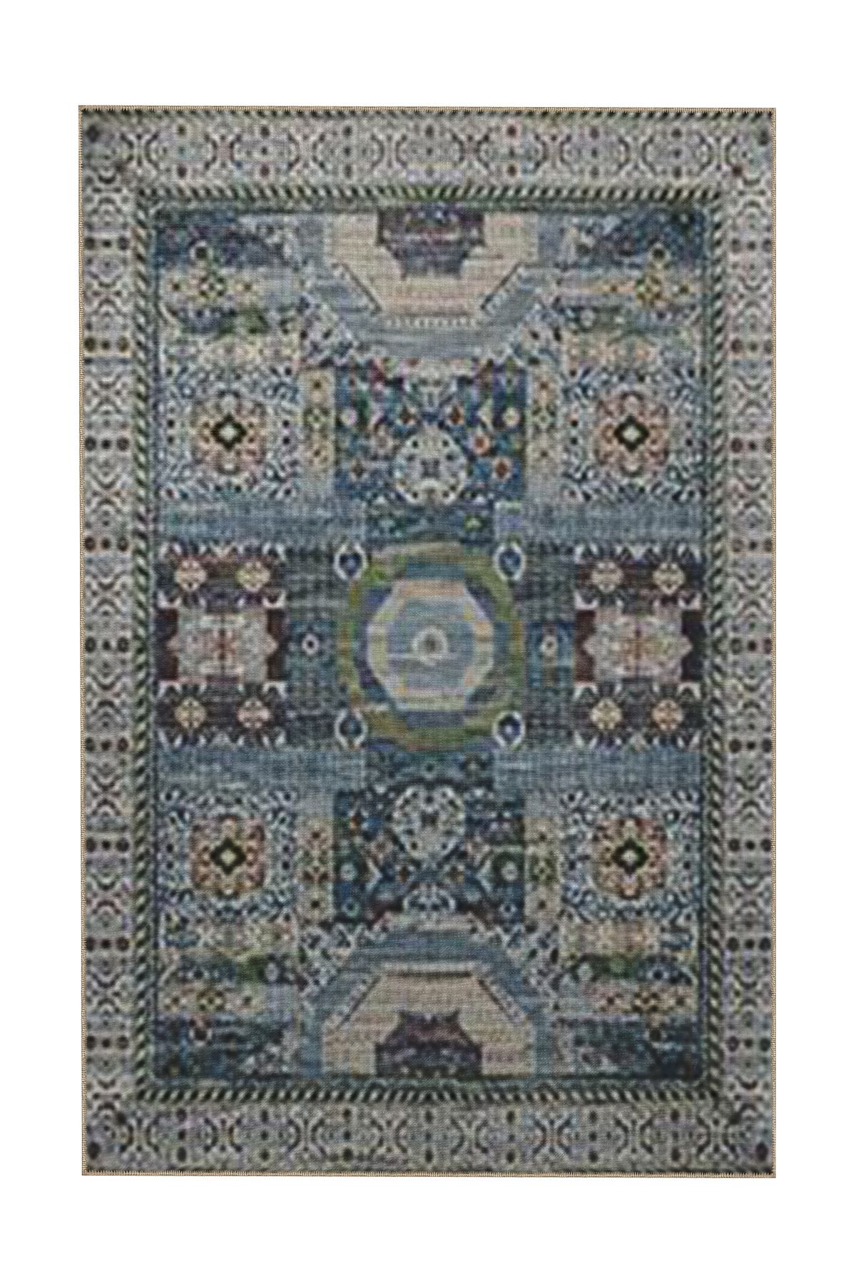 Açık Mavi Temalı Etnik Motif Geleneksel Desenli Vintage Dekoratif Halı 5349