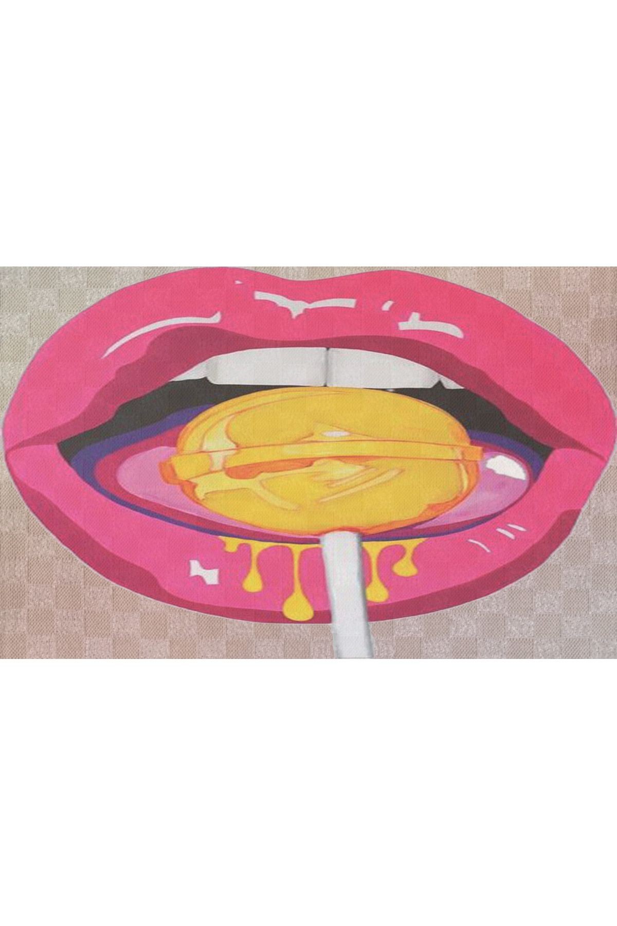 Sarı Pembe Temalı Lolipop ve Dudak Desenli Modern Dekoratif Banyo Paspası 90×60