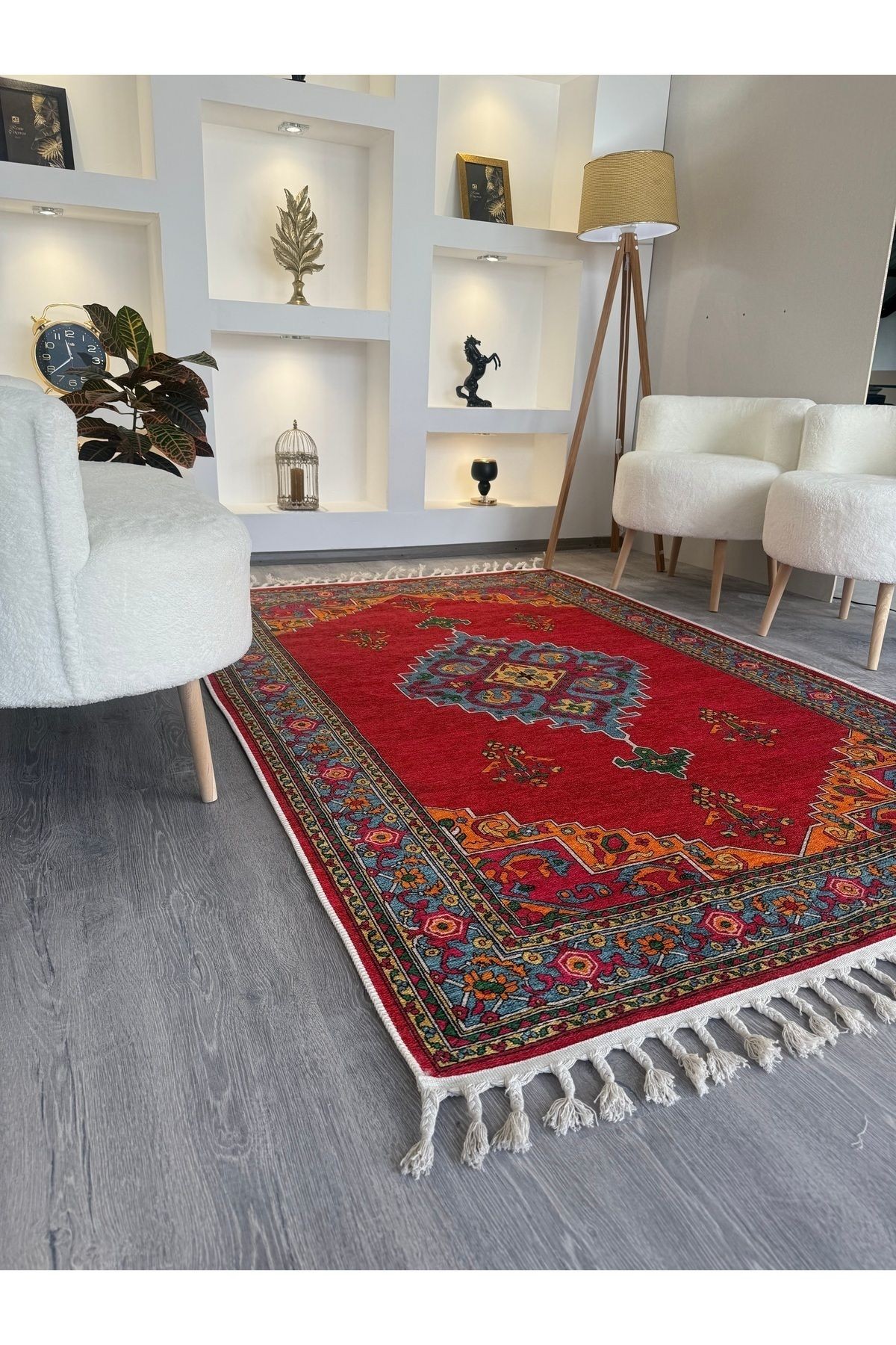 Opal Kırmızı Antik Desenli Püskül Detaylı Dokuma Taban Modern Dekoratif Halı opal09