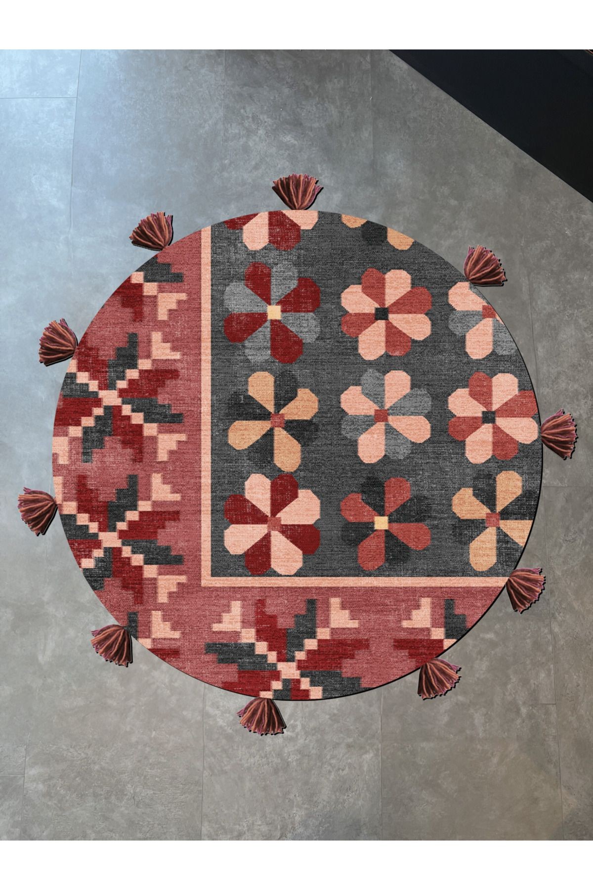 Pembe Gri Temalı Renkli Karma Şekil Desenli Kreatif Modern Dokuma Taban Yuvarlak Dekoratif Halı 2263