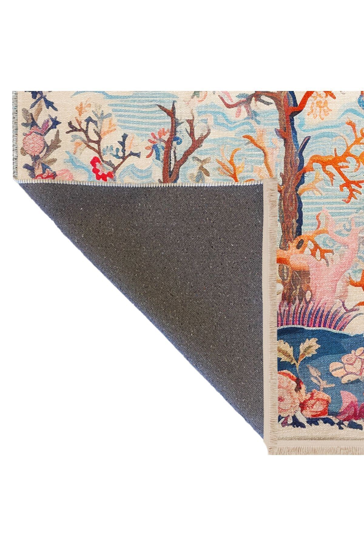 Dido 2 Koleksiyonu Çok Renkli Soyut Ağaç Ve Kuş Desenli Saçaklı Vintage Dekoratif Halı 3256