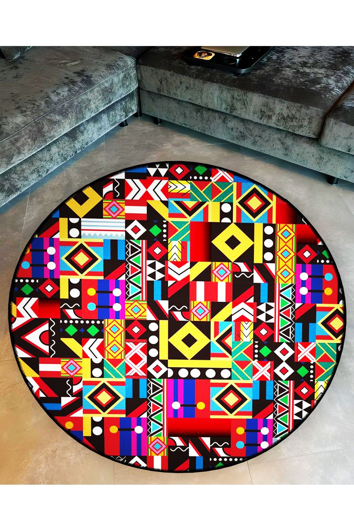 Mira Yuvarlak Çok Renkli Geometrik Şekiller Detaylı Dokuma Taban Modern Dekoratif Halı 5782