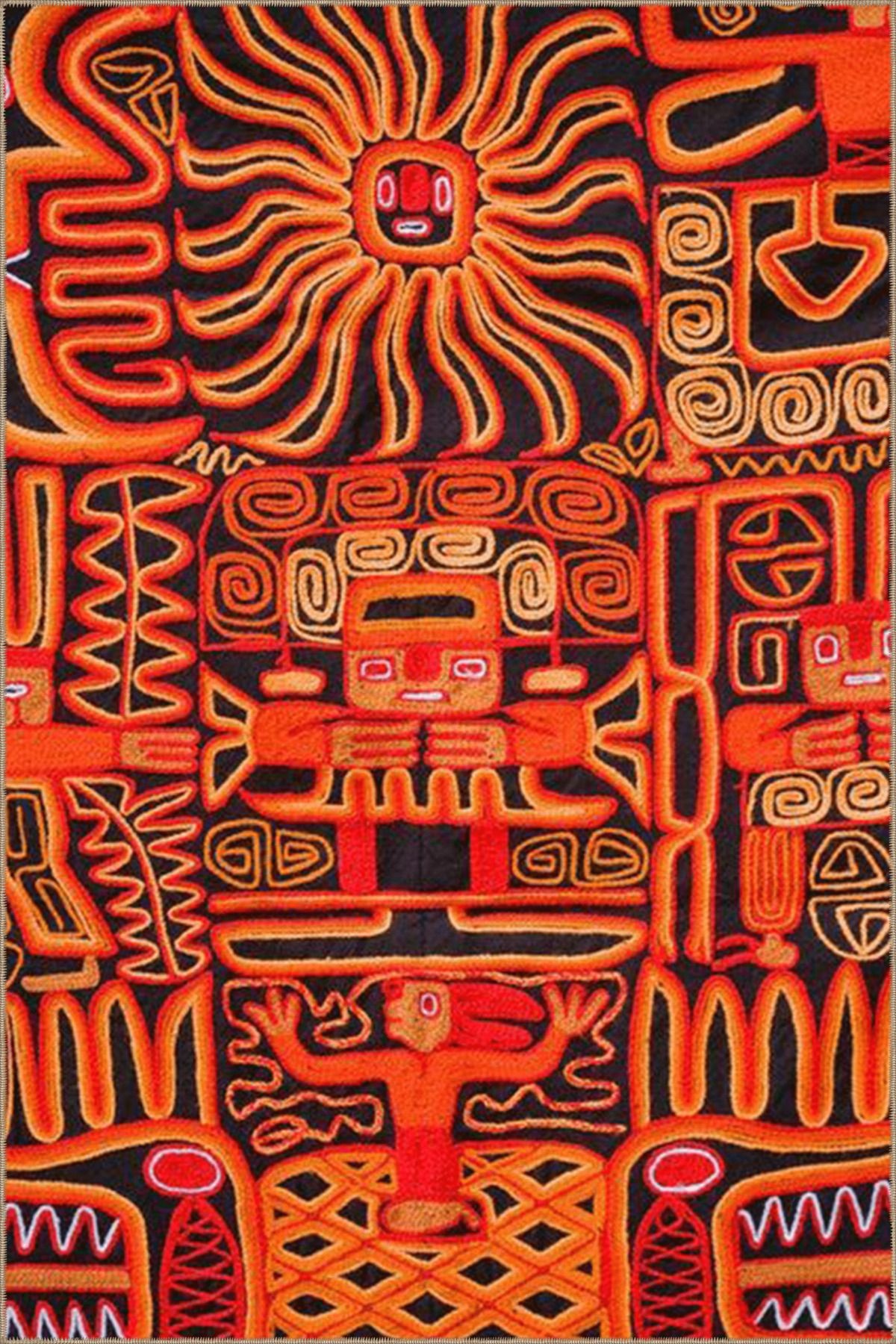Turuncu Temalı Karma Soyut Figür Desenli Modern Dekoratif Halı 4822