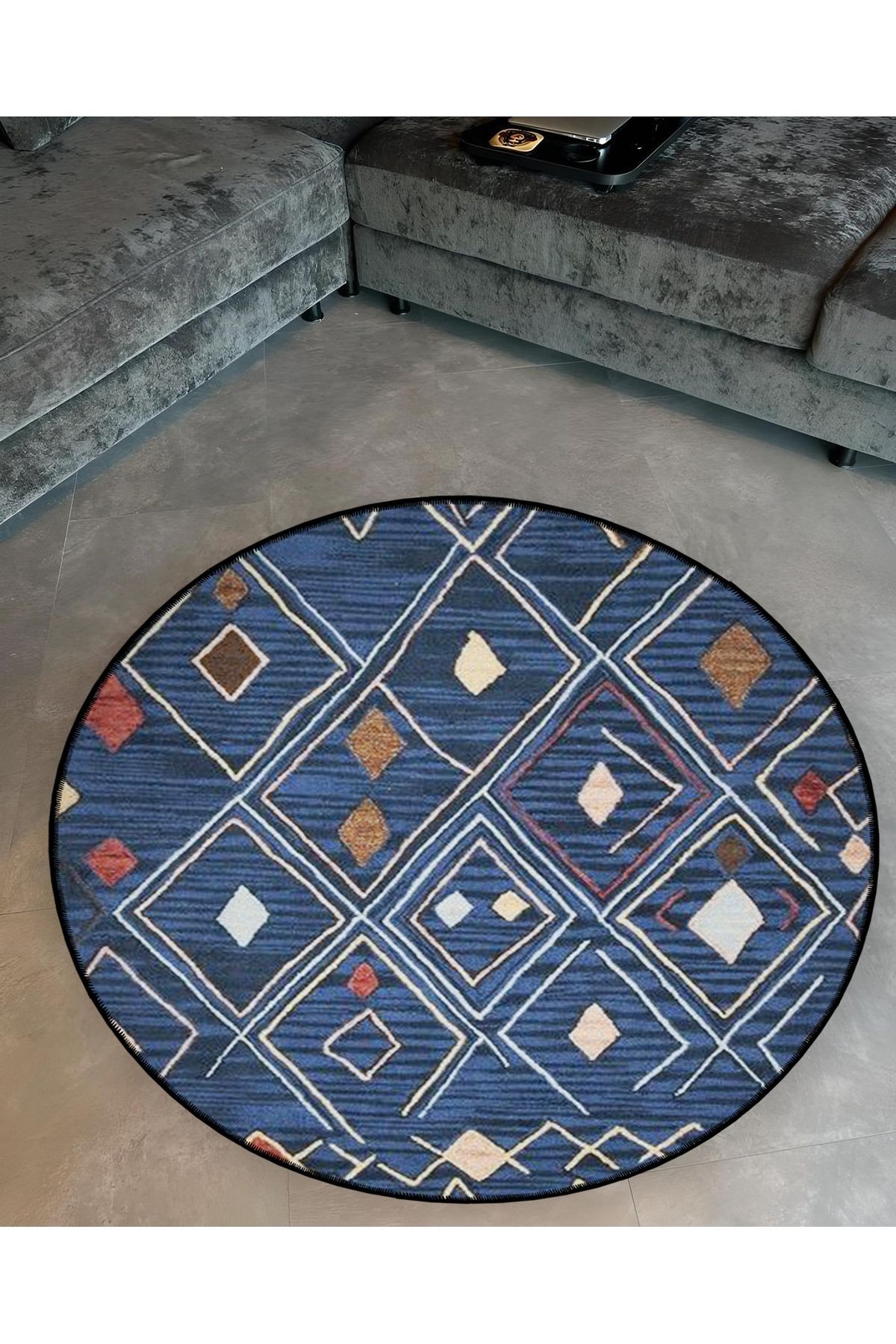 Lacivert Tema İskandinav Desenli Yuvarlak Dokuma Taban Modern Dekoratif Halı 6092