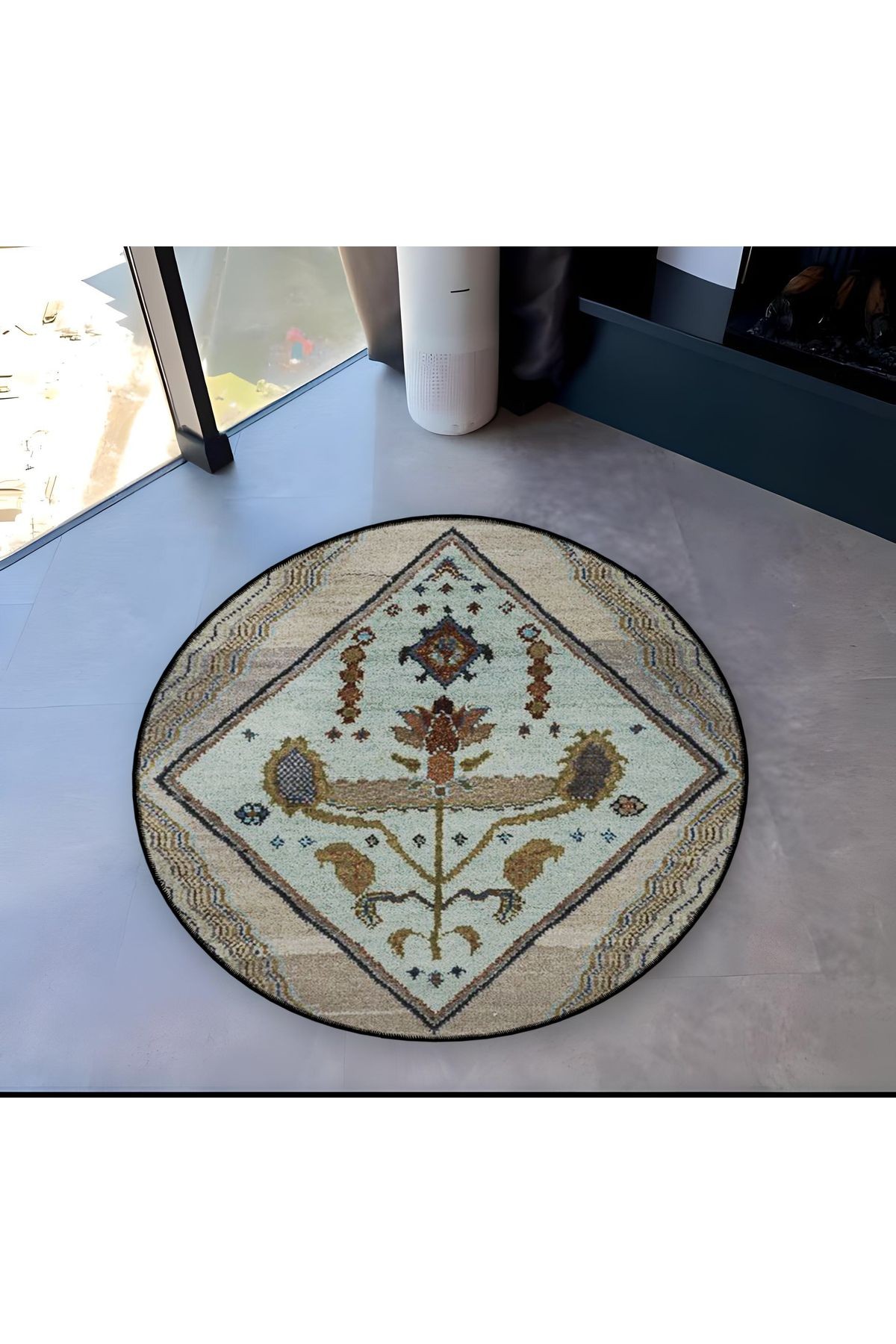 Mira Yuvarlak Bej Tonlarda Antik Desen Dokuma Taban Modern Dekoratif Halı 5630