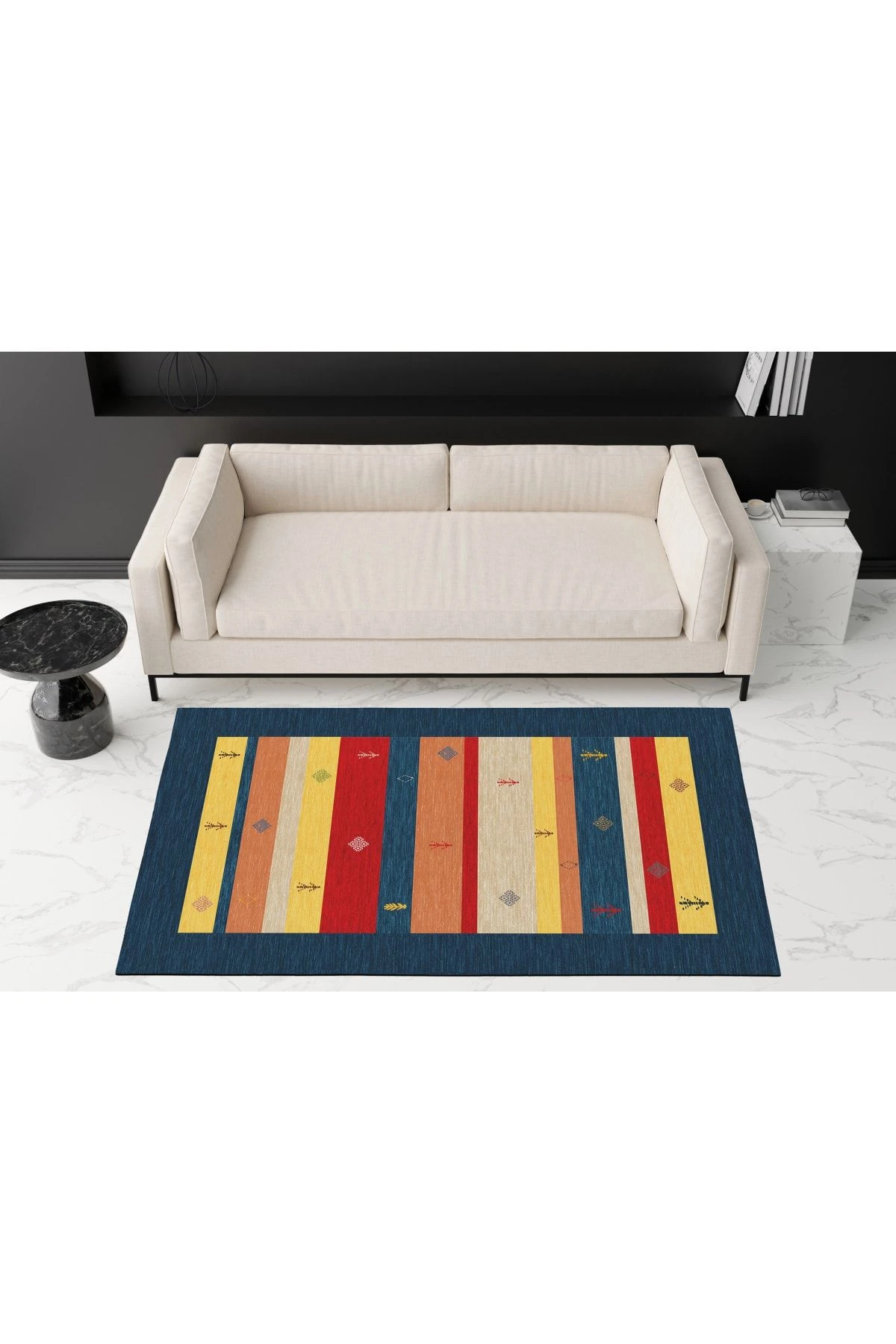 Mira 2025 Lacivert Çizgili Çok Renkli Dokuma Taban Halı