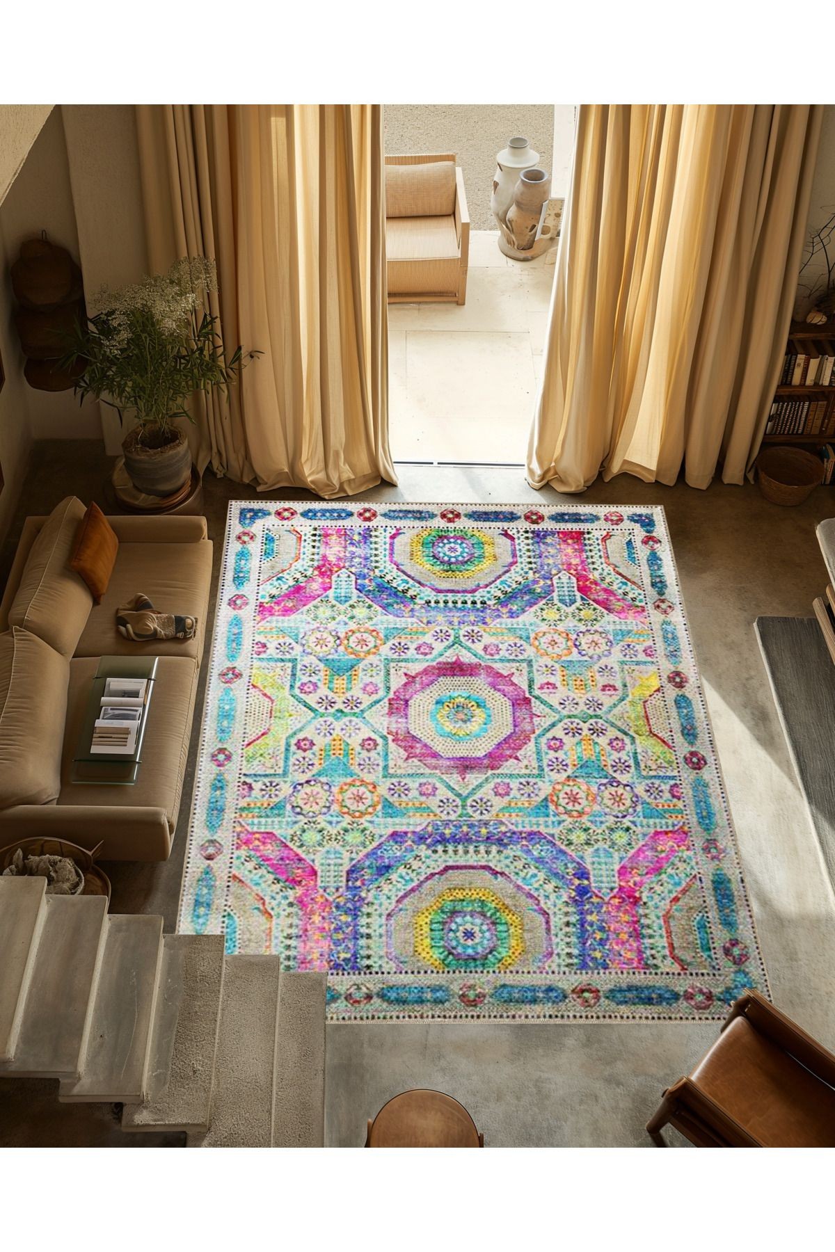 Çok Renkli Çiçek ve Geometrik Desenli Modern Dekoratif Halı 3292