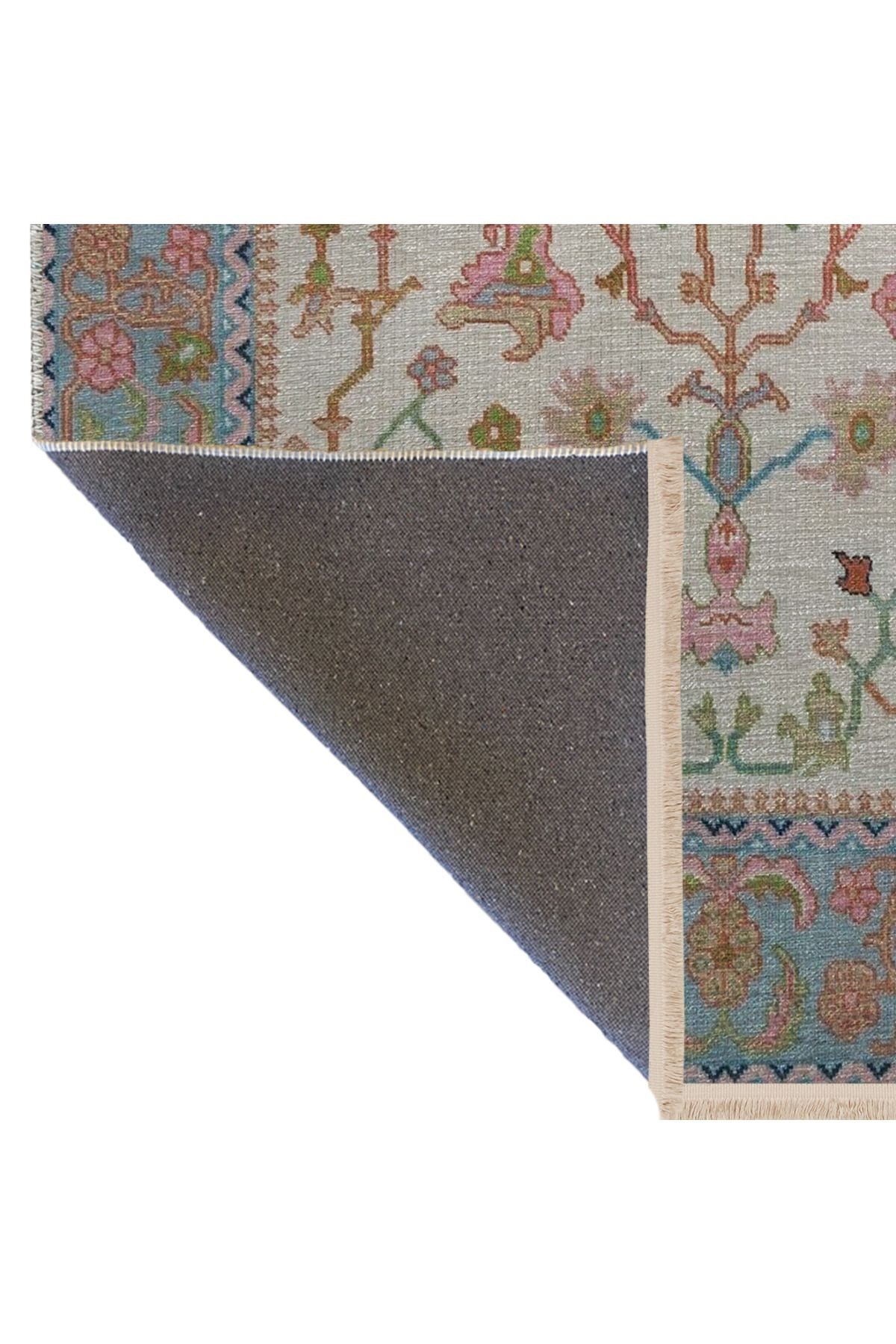 Bej Pudra Temalı Motifli Etnik Çiçek Desenli Kreatif Vintage Dekoratif Halı 2760