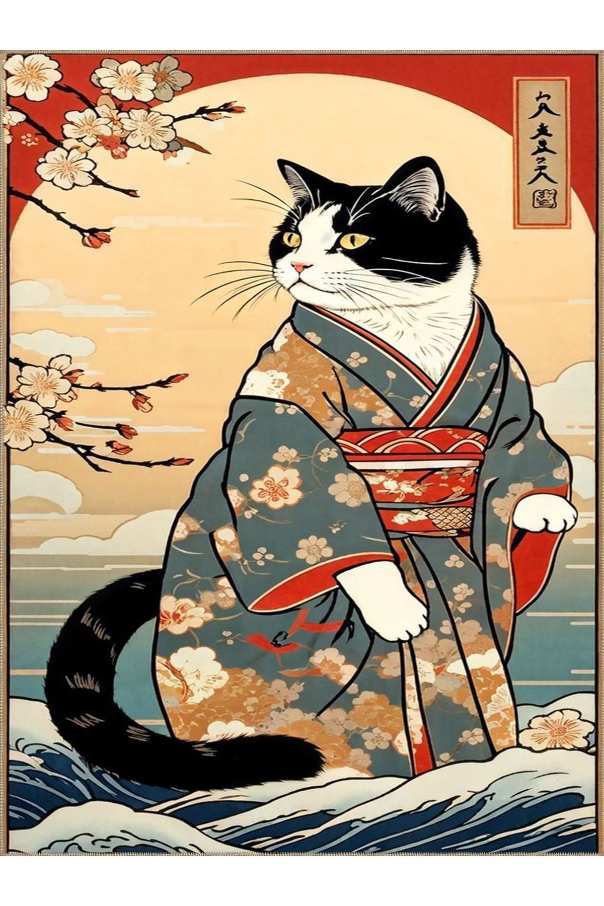 Tuğrul Koleksiyonu Soyut Temalı Kimono Giyen Kedi Desenli Dokuma Taban Modern Dekoratif Halı 38