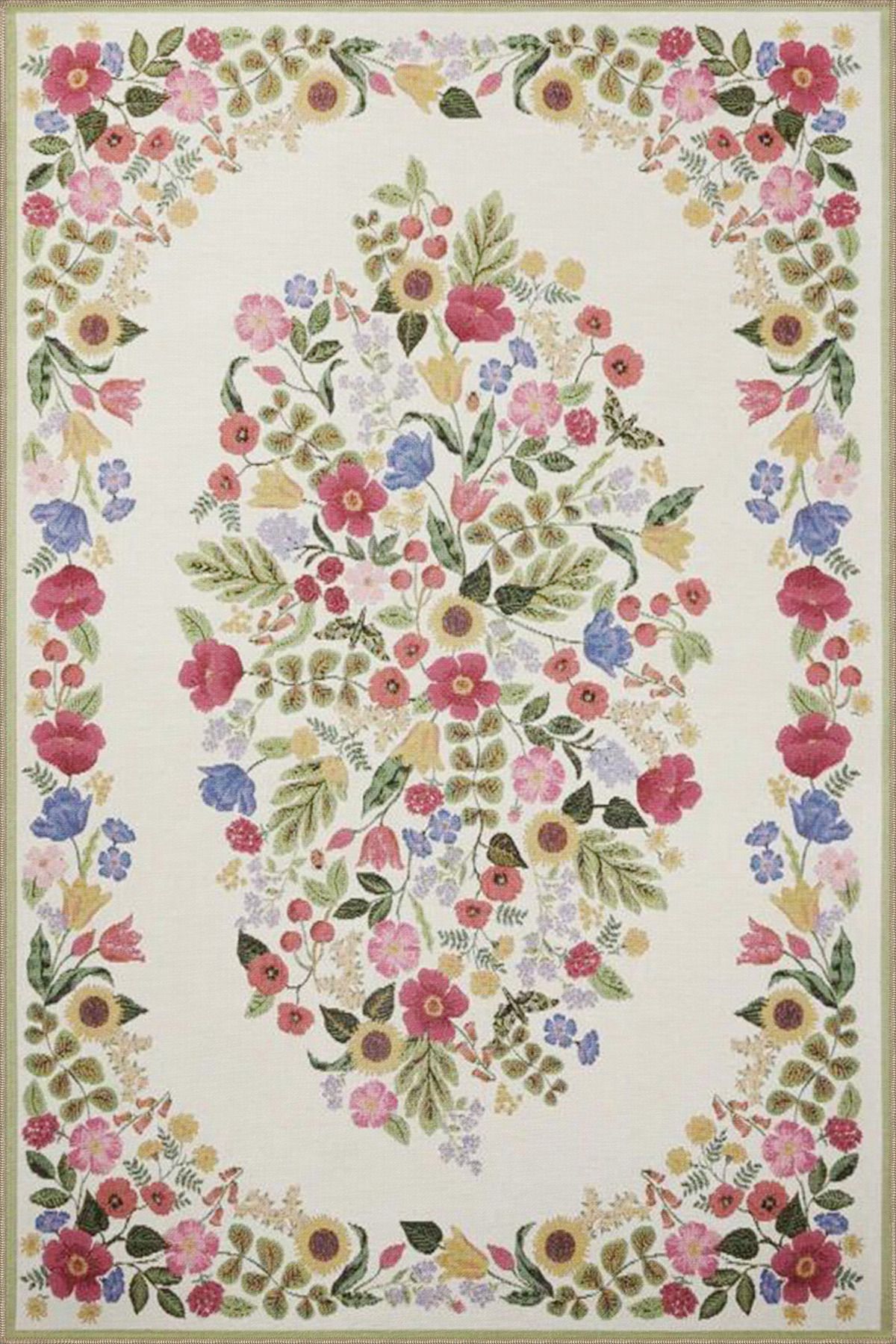 Çiçekli Floral Kremli Geometrik Çizgili Desenli Dekoratif Yıkanabilir Halı miravip8412