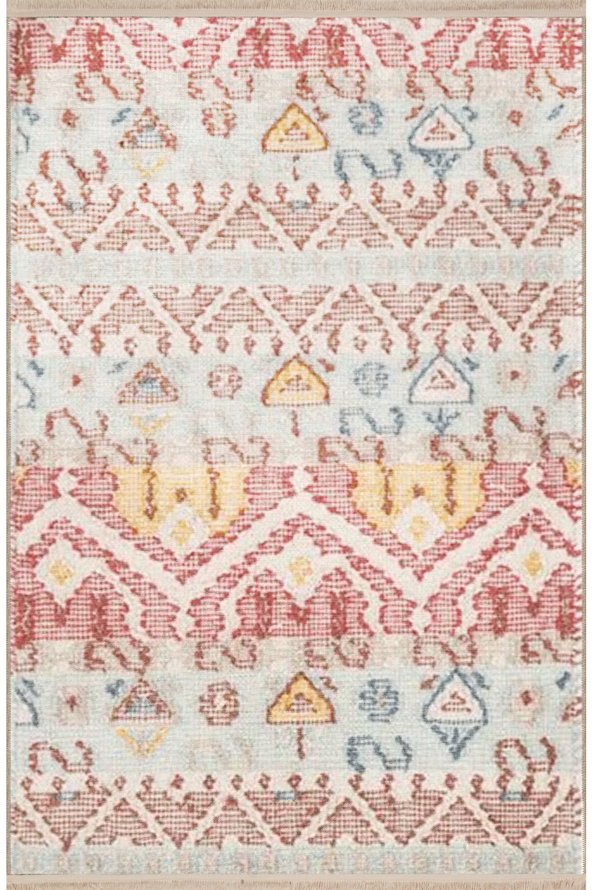 Pembe Bej Temalı Motifli Etnik Desenli Saçaklı Vintage Dekoratif Halı 3178