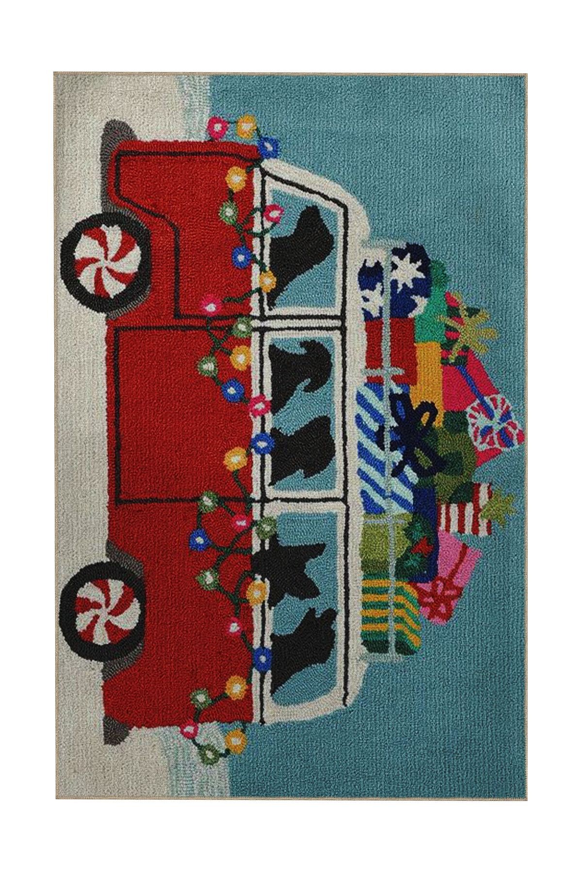 Turkuaz Temalı Mini Van Araba Desenli Kreatif Modern Dekoratif Halı 5342