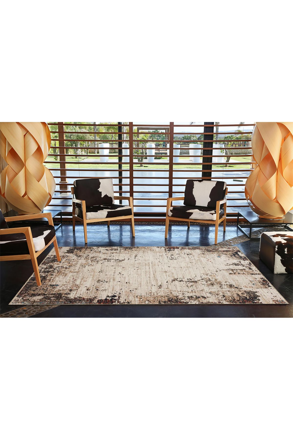 Kahve Bej Temalı Abstract Soyut Desenli Kreatif Modern Dekoratif Halı 3938